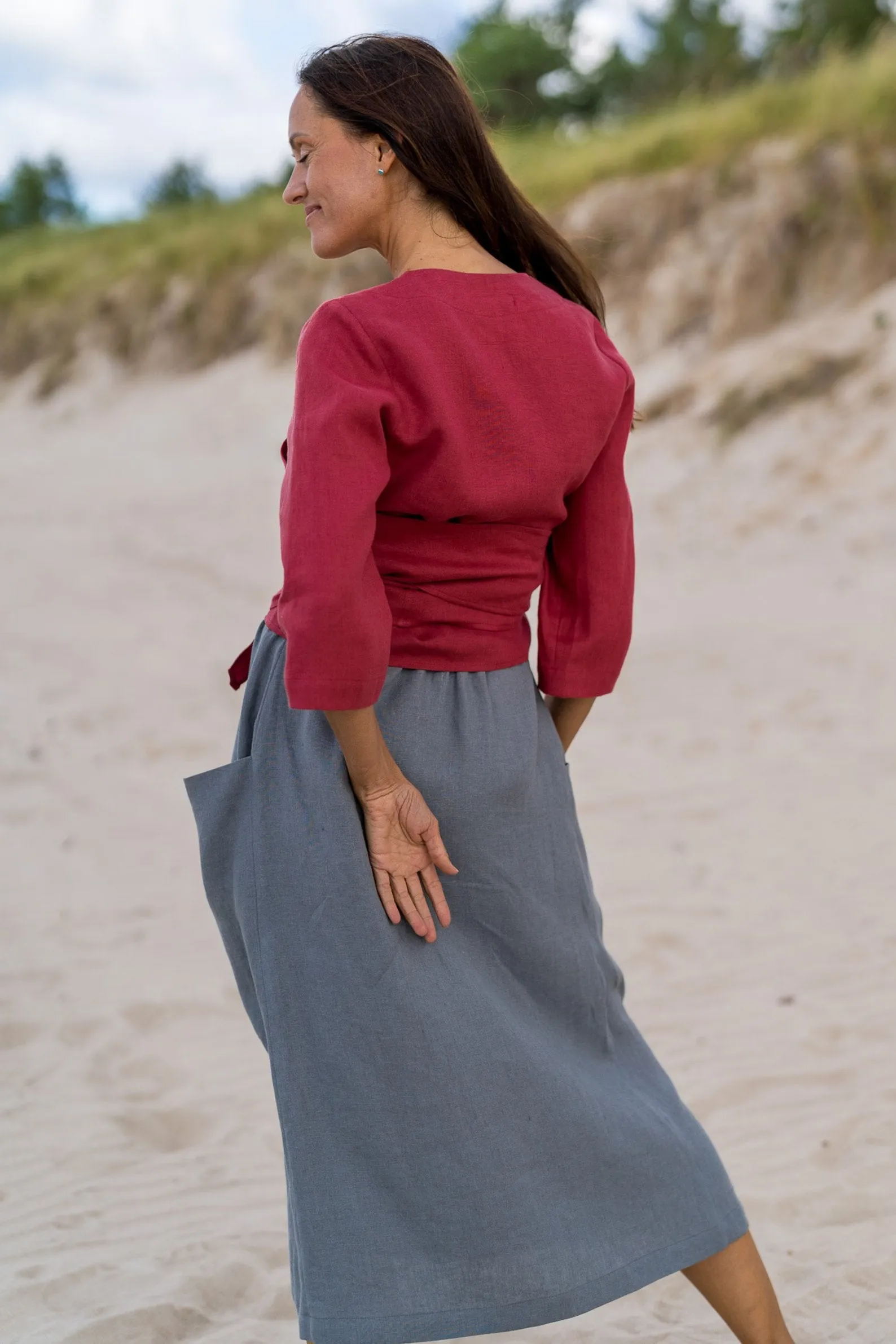 High Waist Deep Pockets MIDI Linen Skirt In Grey