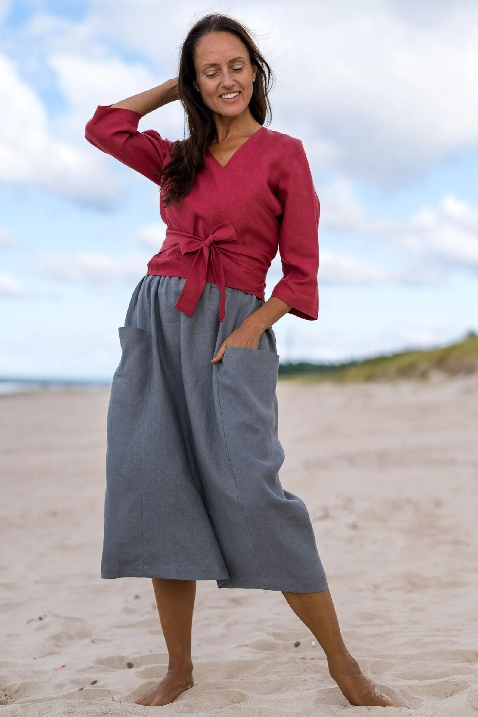 High Waist Deep Pockets MIDI Linen Skirt In Grey