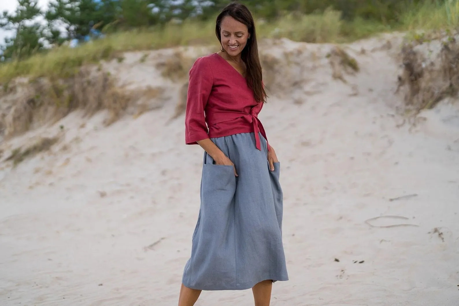 High Waist Deep Pockets MIDI Linen Skirt In Grey