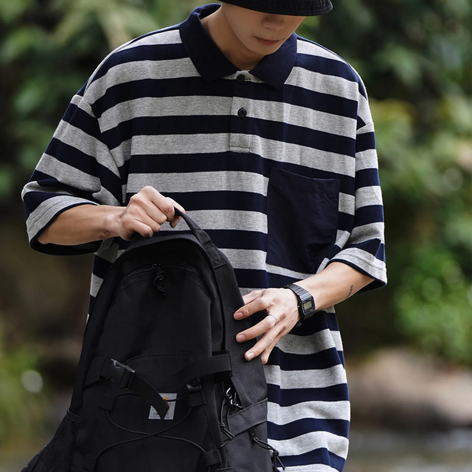 Japanese Striped Polo Pullover Men's T-shirt