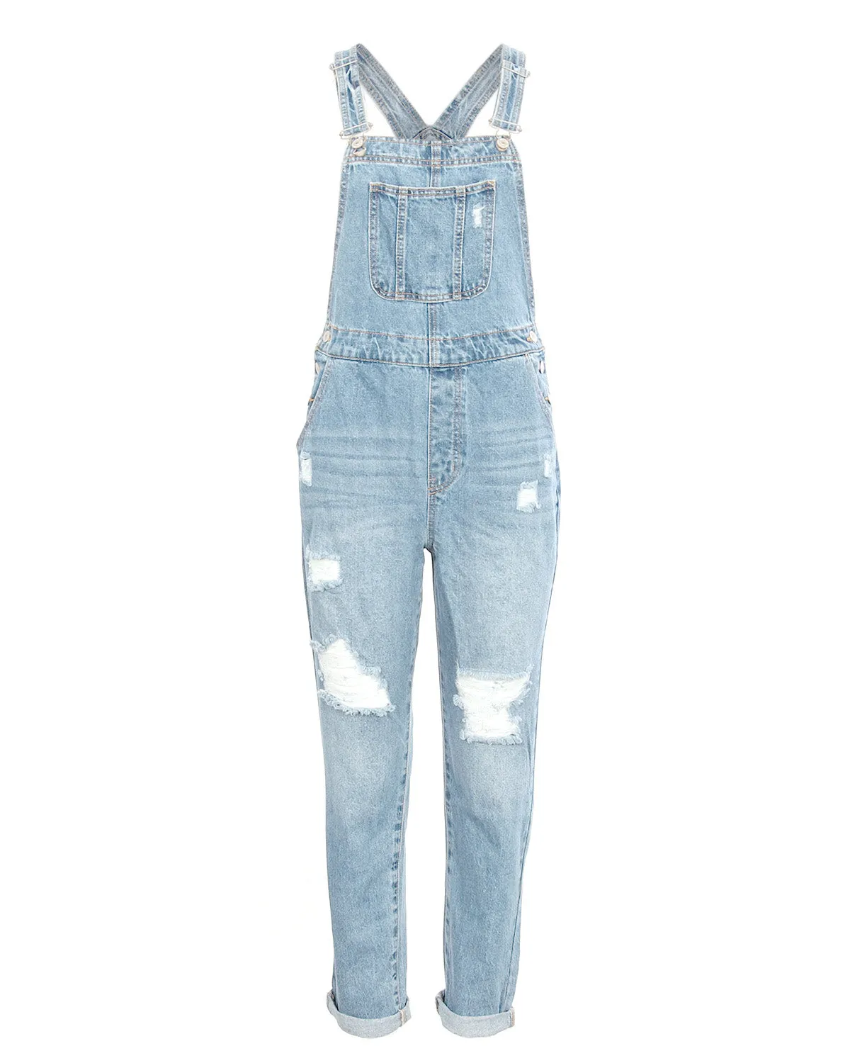 JUNIOR NON-STRETCH DENIM DESTROYED OVERALLS