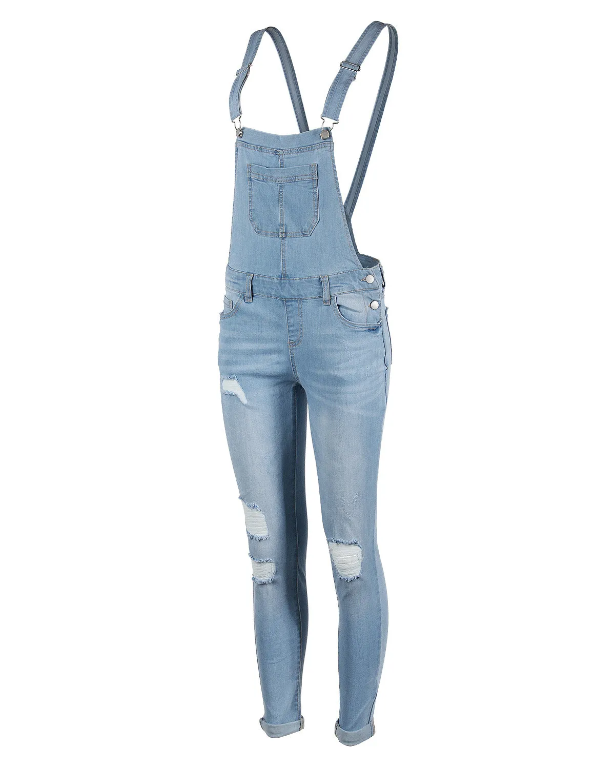 JUNIOR STRETCH DENIM DESTROYED OVERALLS