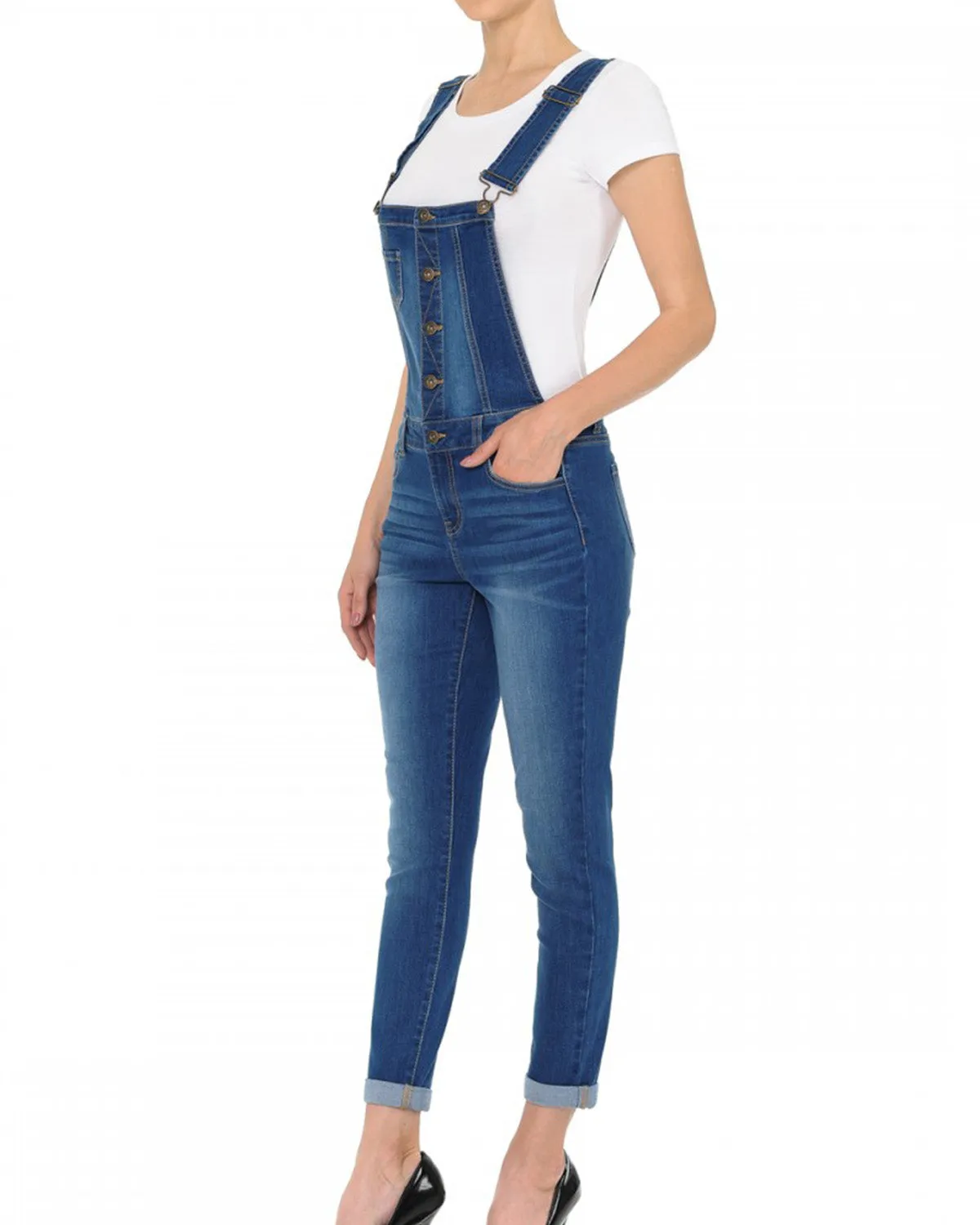 JUNIOR STRETCH DENIM DESTROYED OVERALLS