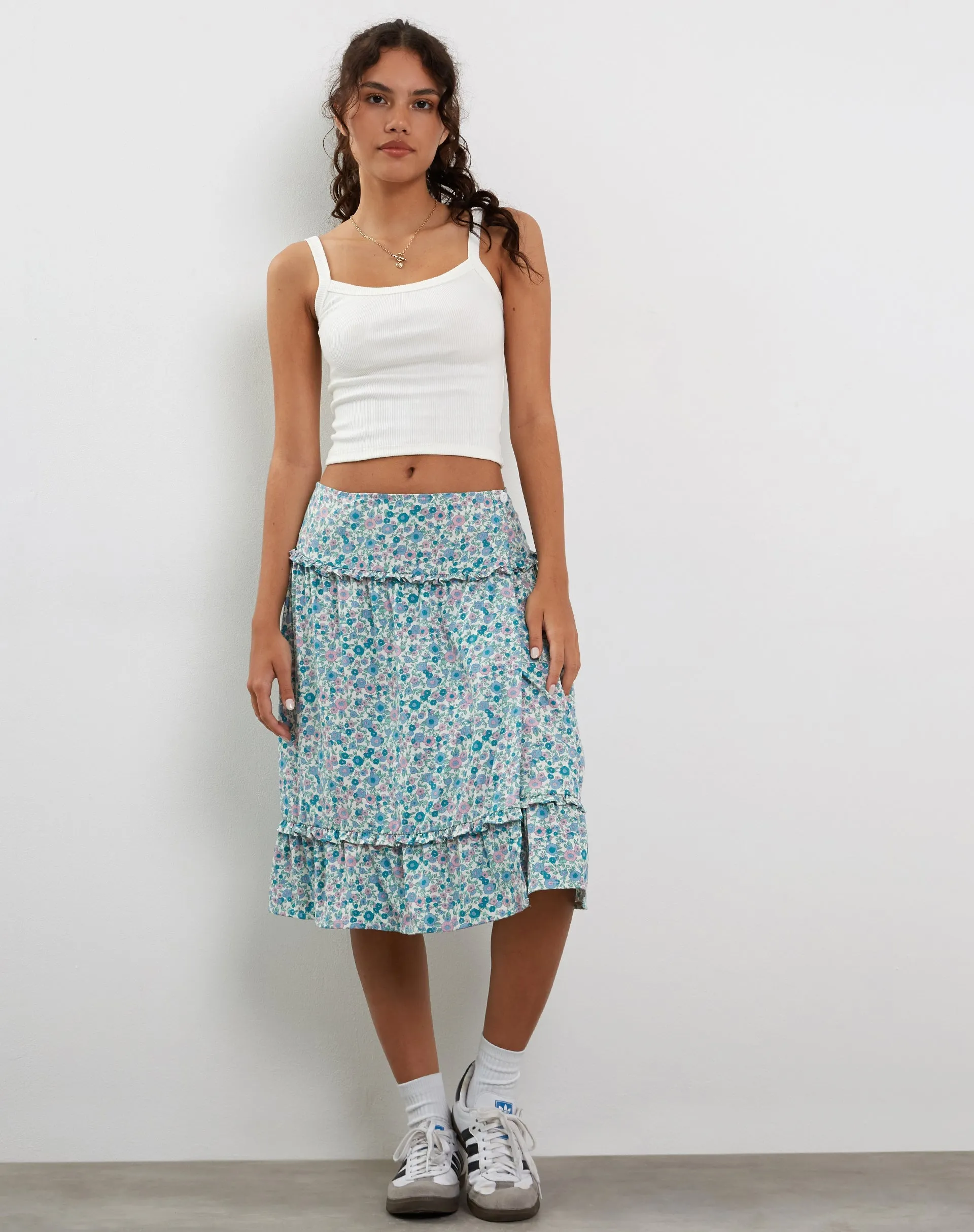 Kasya Frill Hem Midi Wrap Skirt in Flower Power Blue