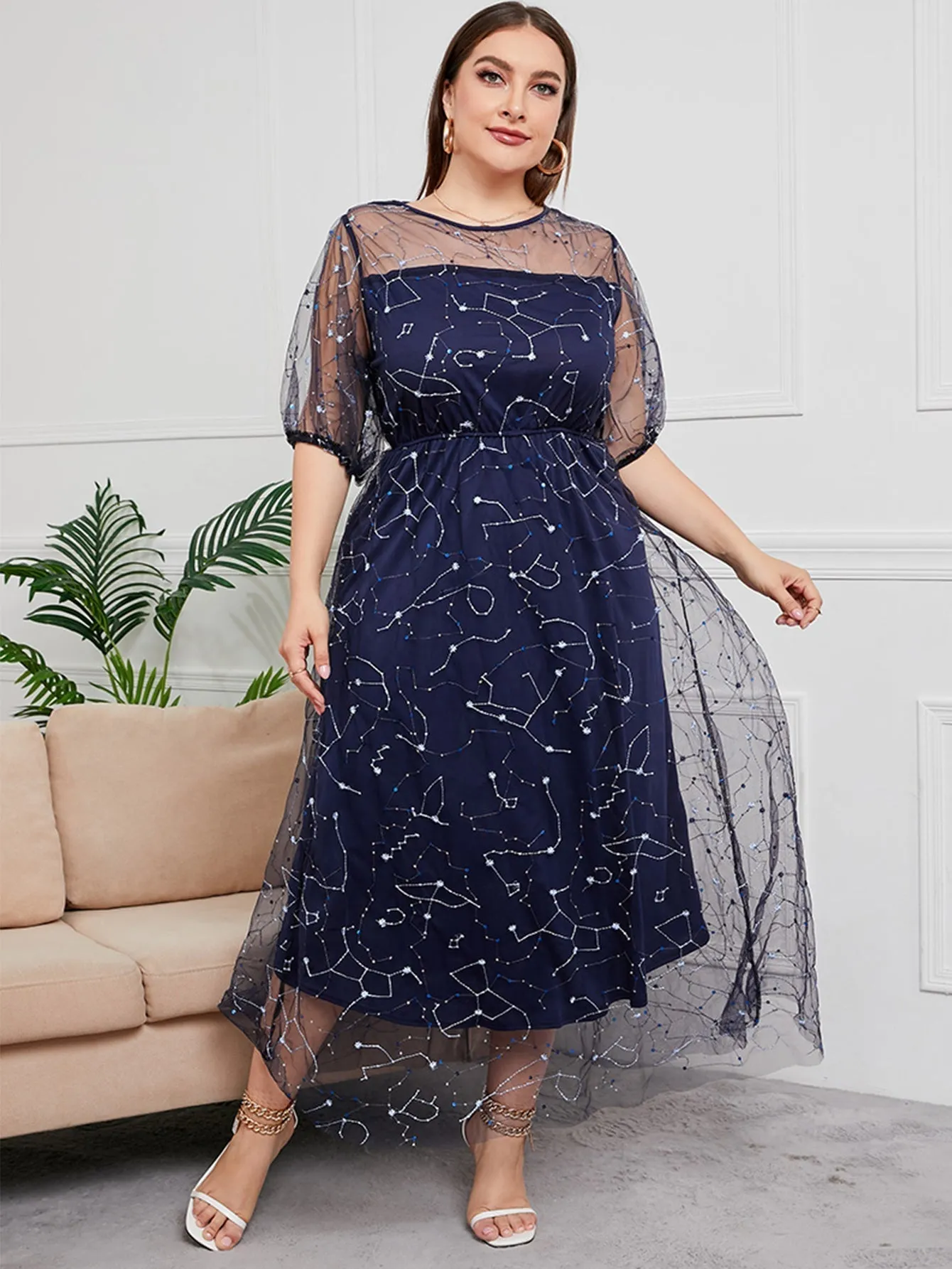 KittenAlarm - Plus Sequins Embroidery Mesh Overlay Dress