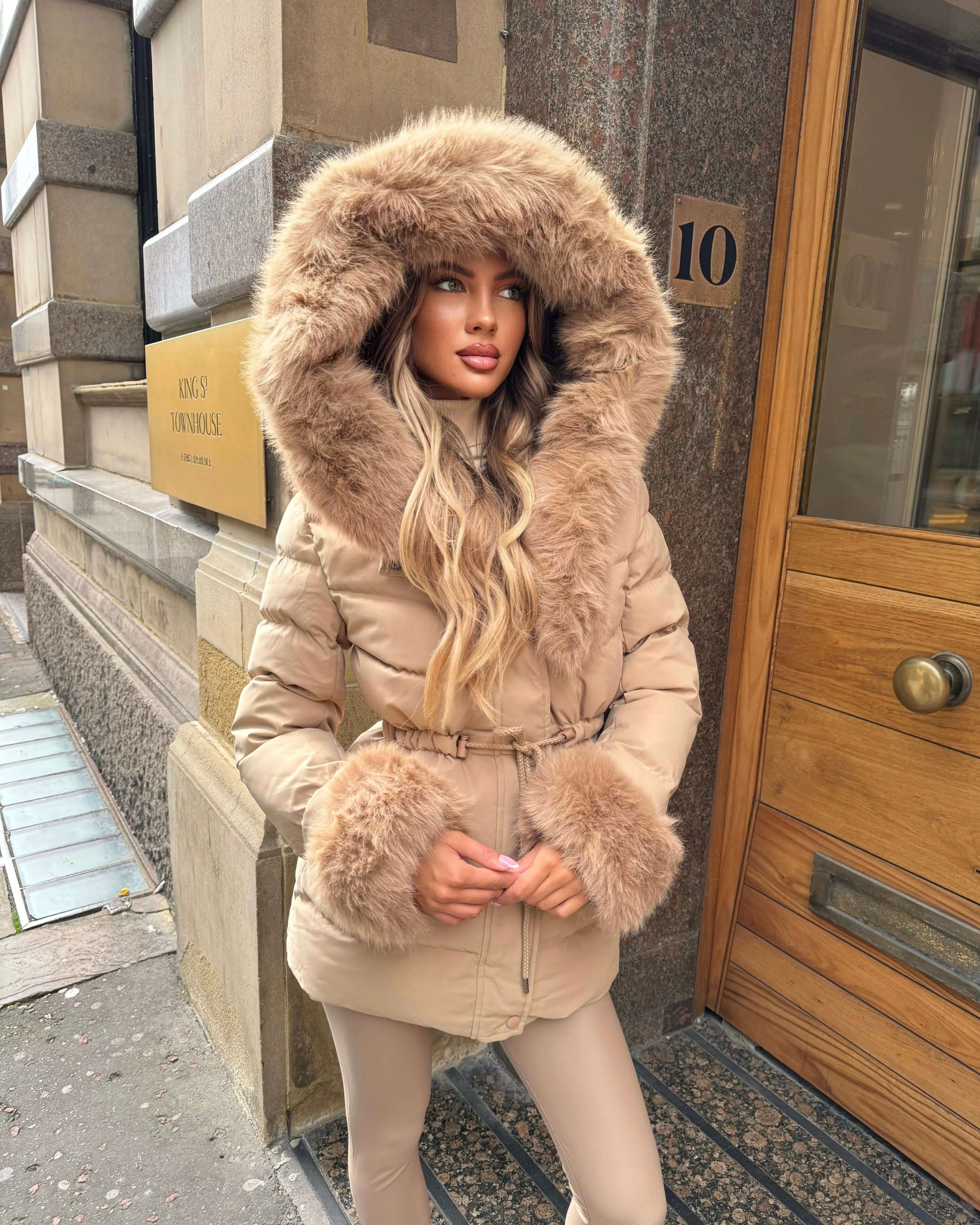 Klara Faux Fur trim Hooded Padded Coat- Camel