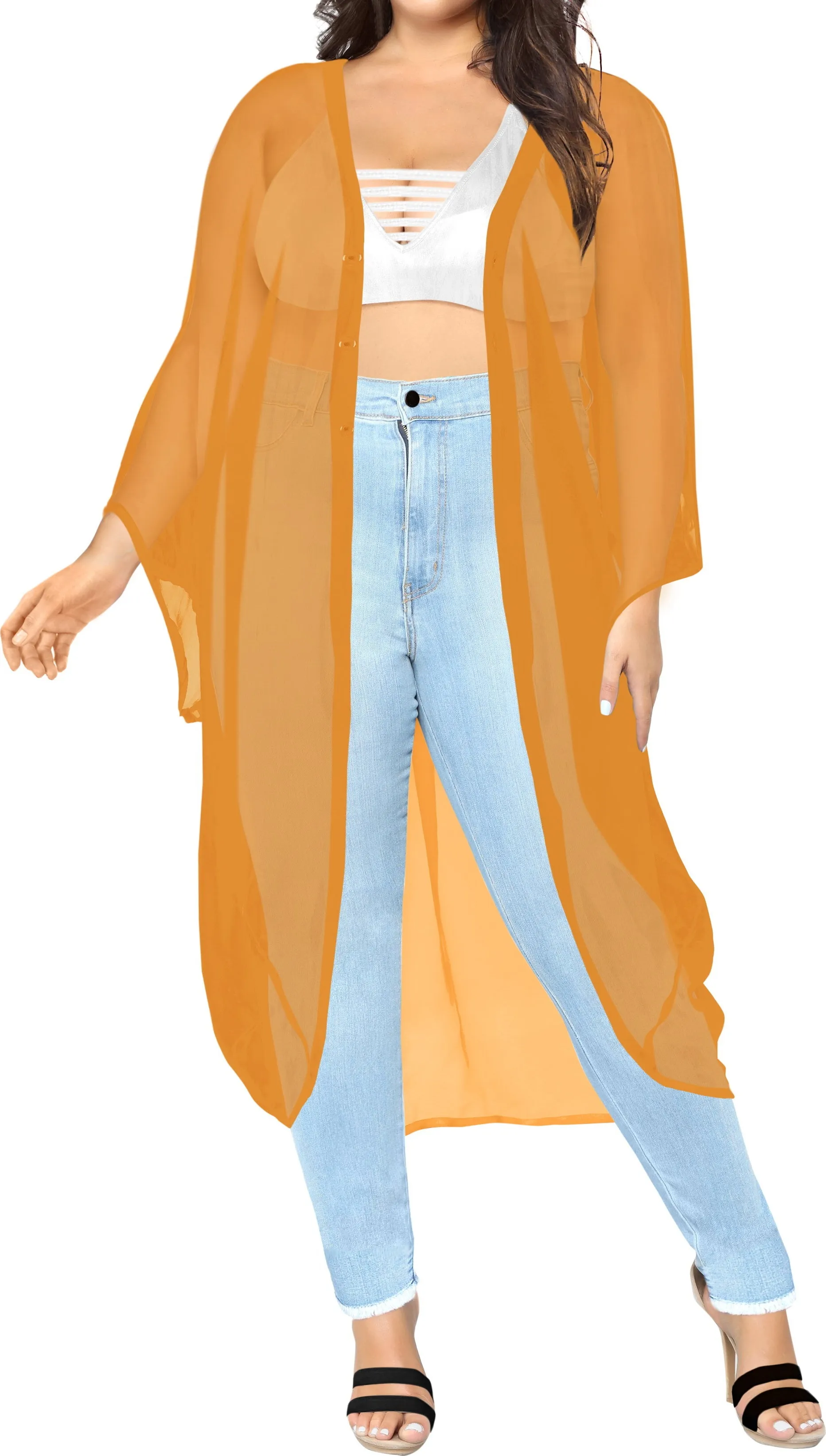 LA LEELA Women's Beach Blouse Tops Kimono Cardigan Bikini Cover Up Solid Plain Mustard_O970