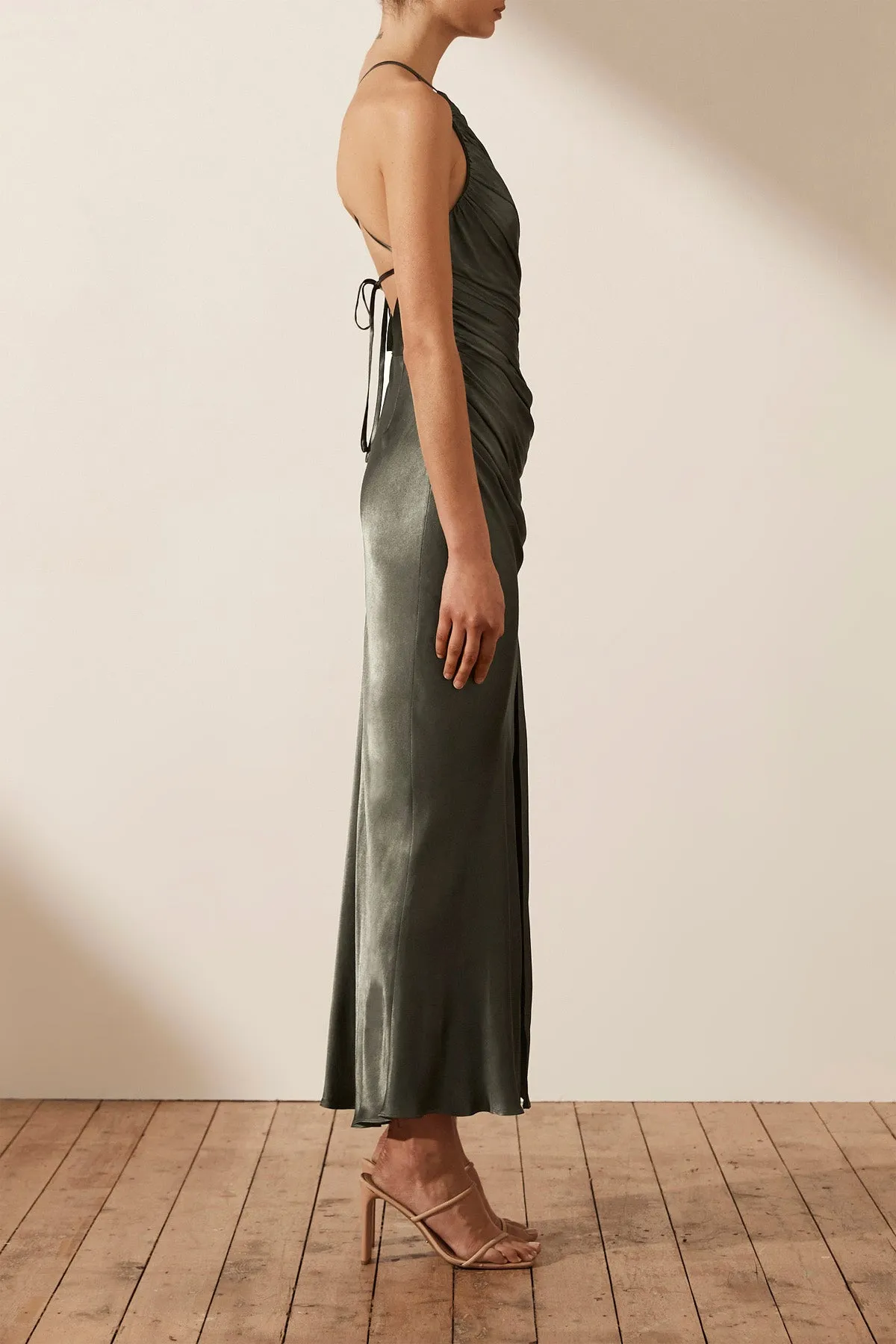 LA LUNE GATHERED SQUARE NECK BIAS MIDI DRESS - OLIVE