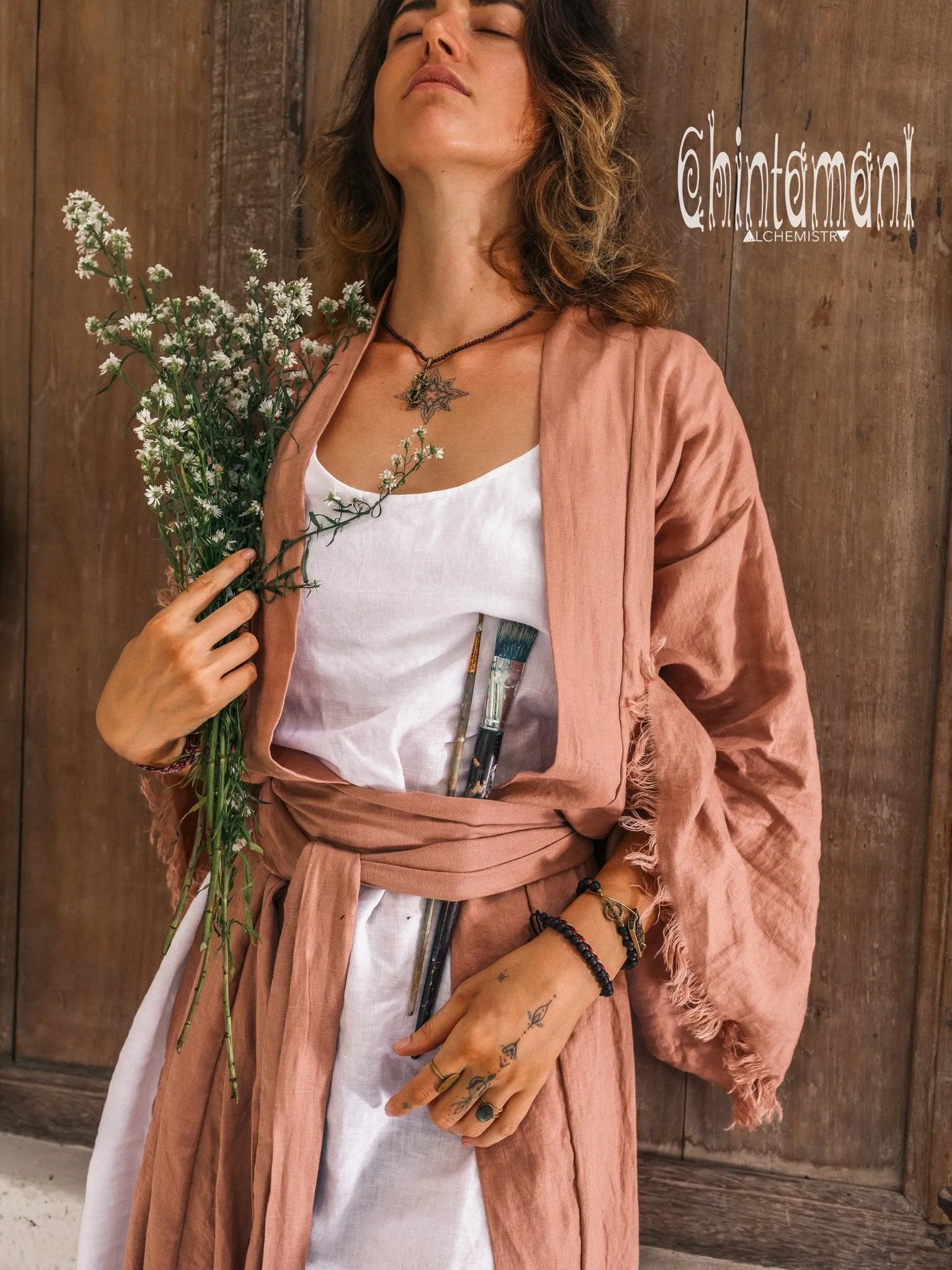 Long Linen Japanese Kimono Robe / Cardigan for Women / Dusty Pink