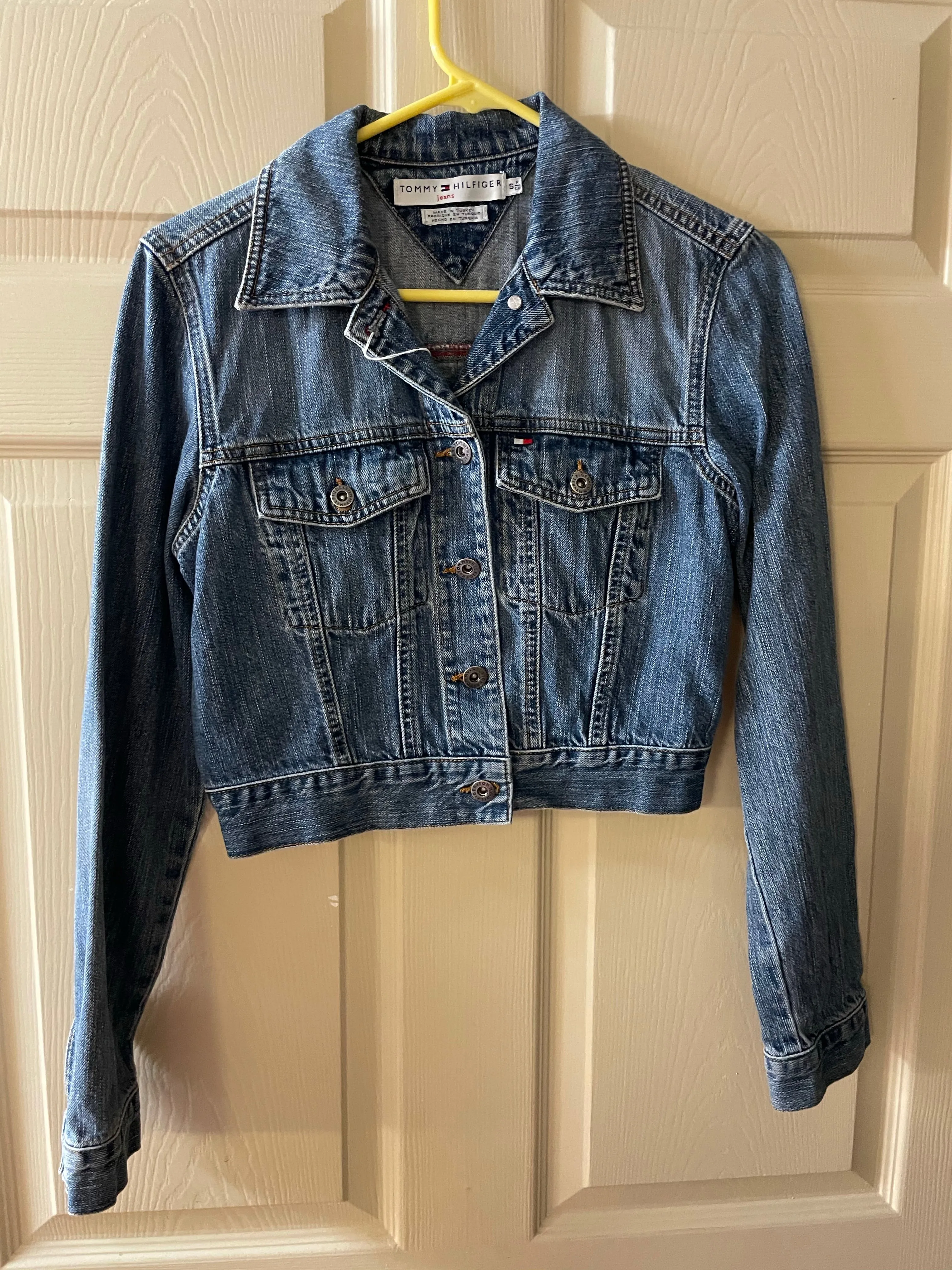 <€€* Vintage Womens Small/P TOMMY HILFIGER Cropped Denim Jacket Button Up