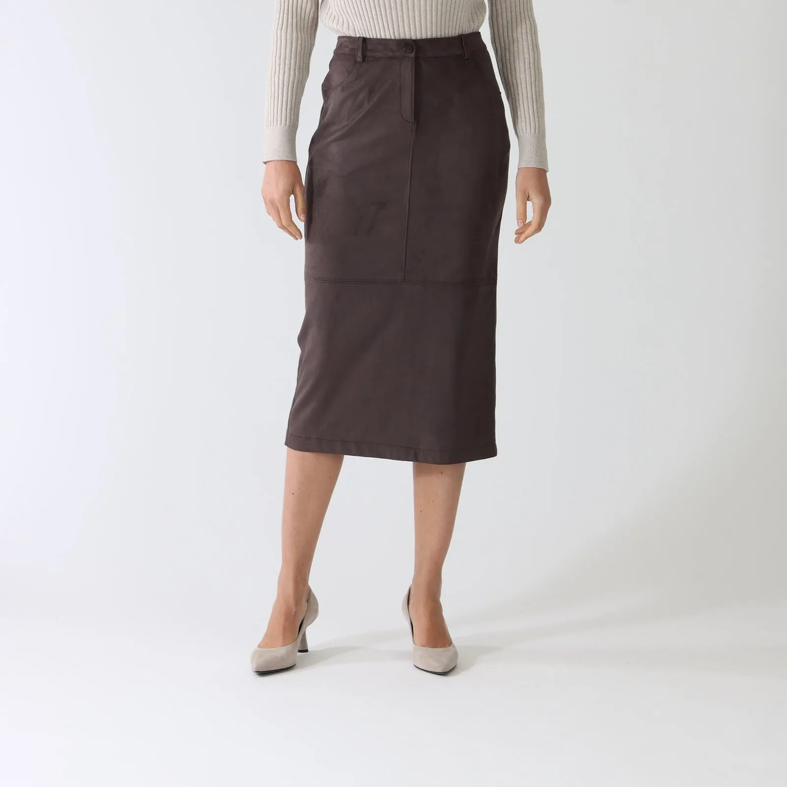 Marrone Faux Suede Midi Skirt