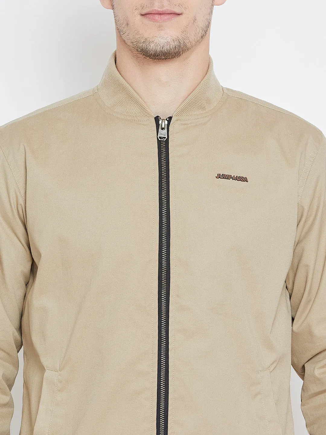 Men Casual Beige Bomber Jacket