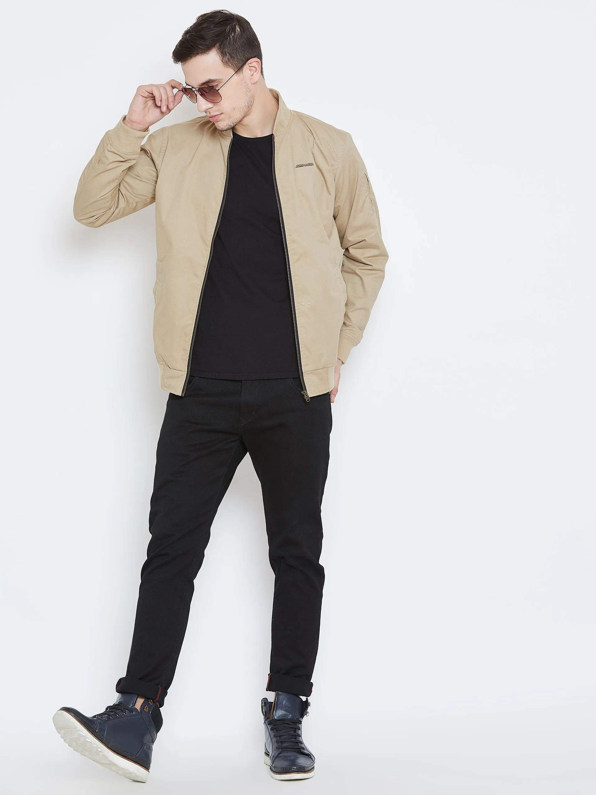 Men Casual Beige Bomber Jacket