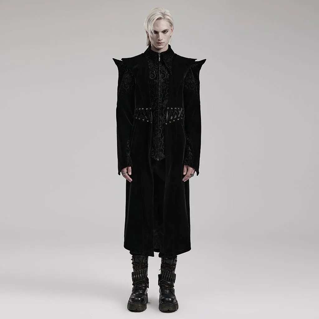 Men's Gothic Stand Collar Jacquard Velvet Mid-length Coat