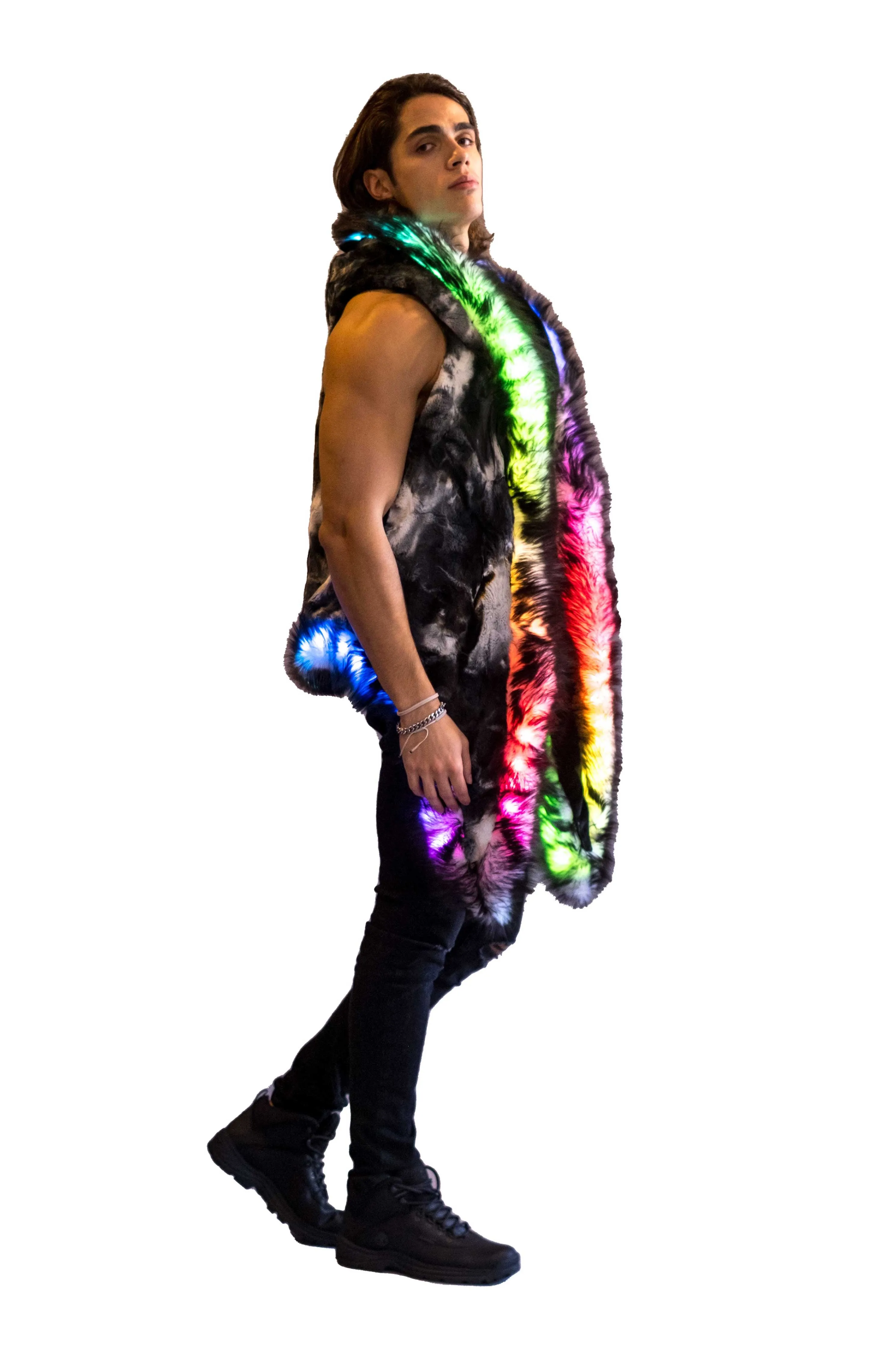 Men's LED Fur Vest in "Black & White Tye Dye"