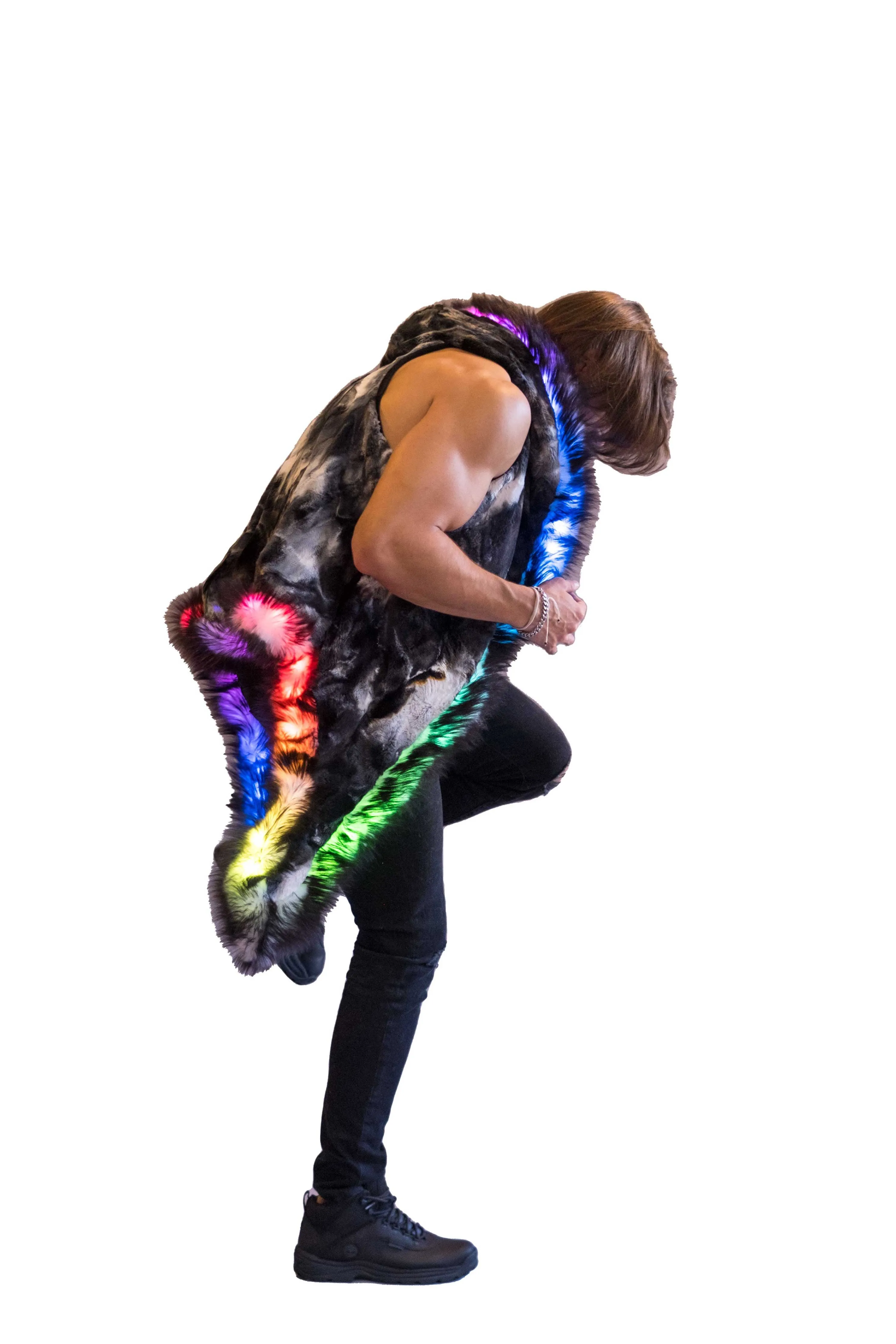 Men's LED Fur Vest in "Black & White Tye Dye"