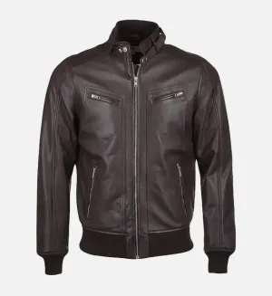 Men’s Snap Double Button Collar Brown Leather Bomber Jacket