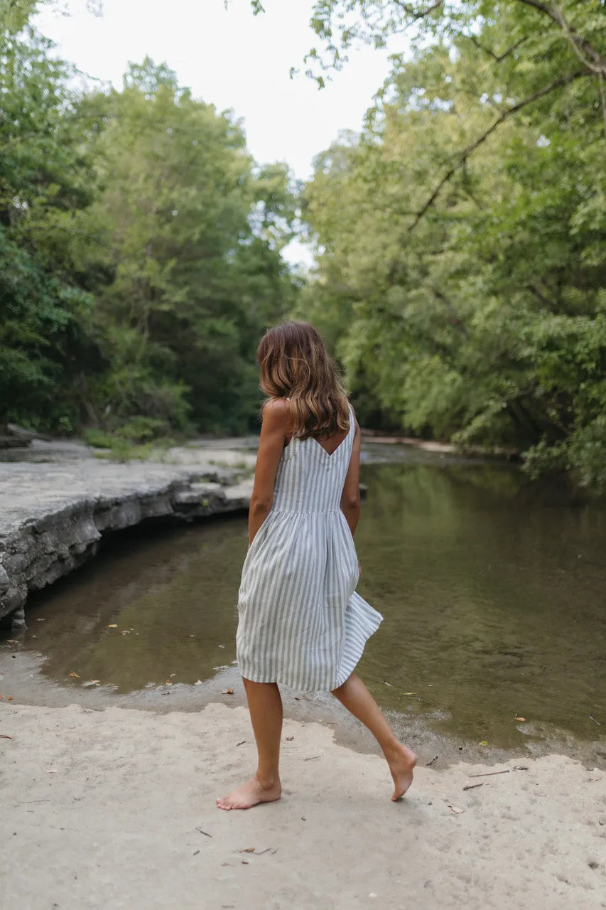 Mia Linen Dress in Green and White Stripe - XS and S