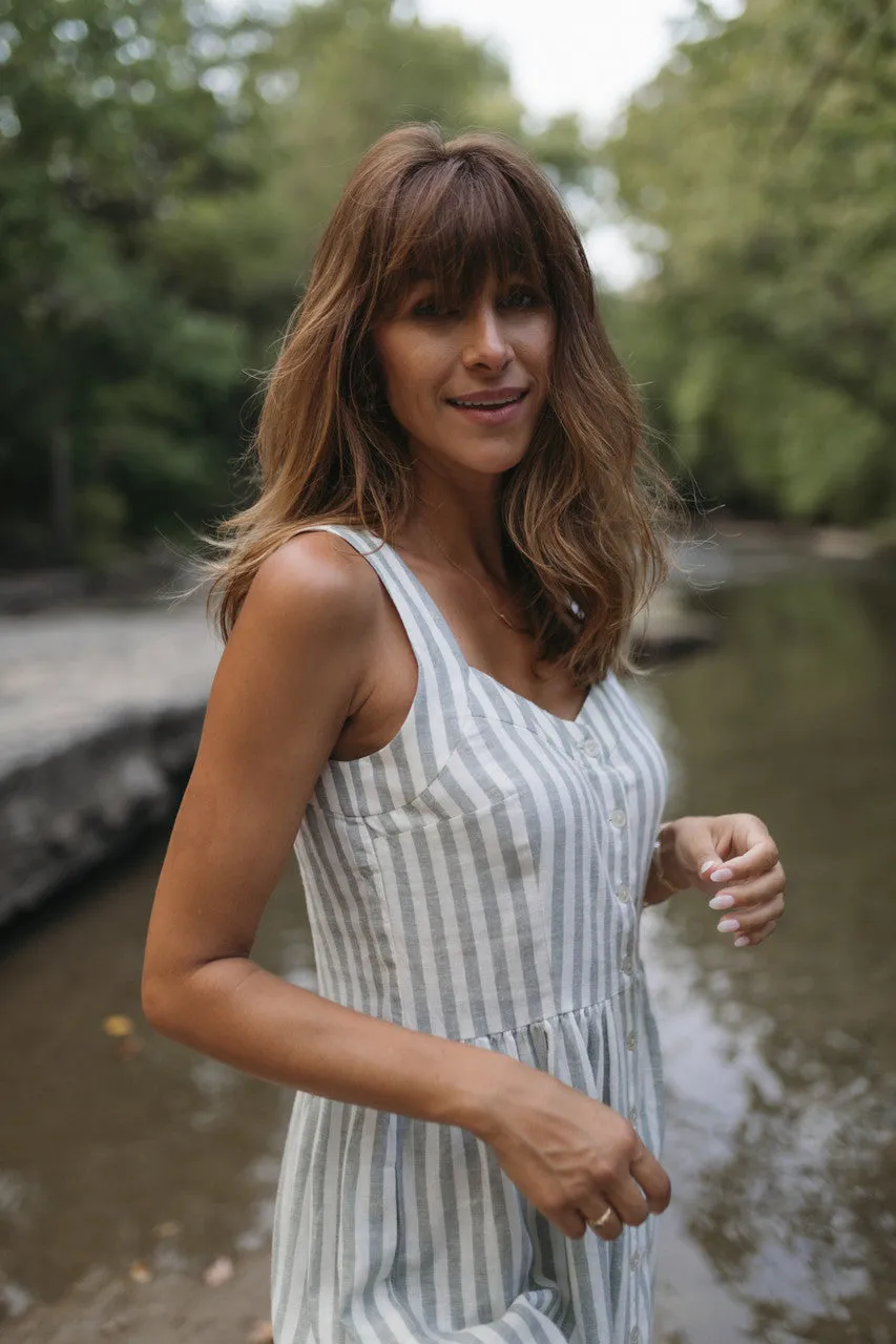 Mia Linen Dress in Green and White Stripe - XS and S