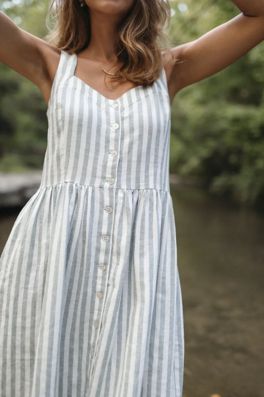 Mia Linen Dress in Green and White Stripe - XS and S