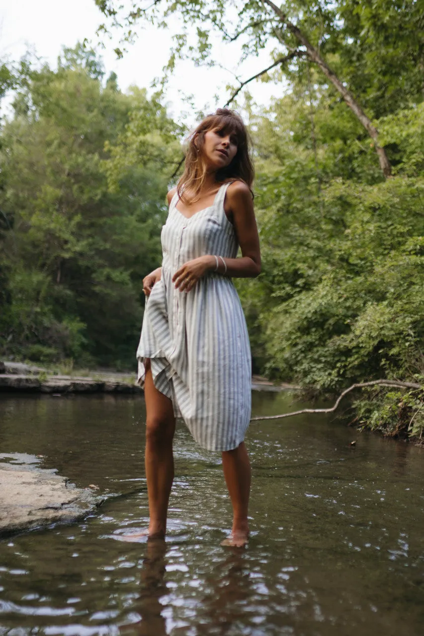 Mia Linen Dress in Green and White Stripe - XS and S