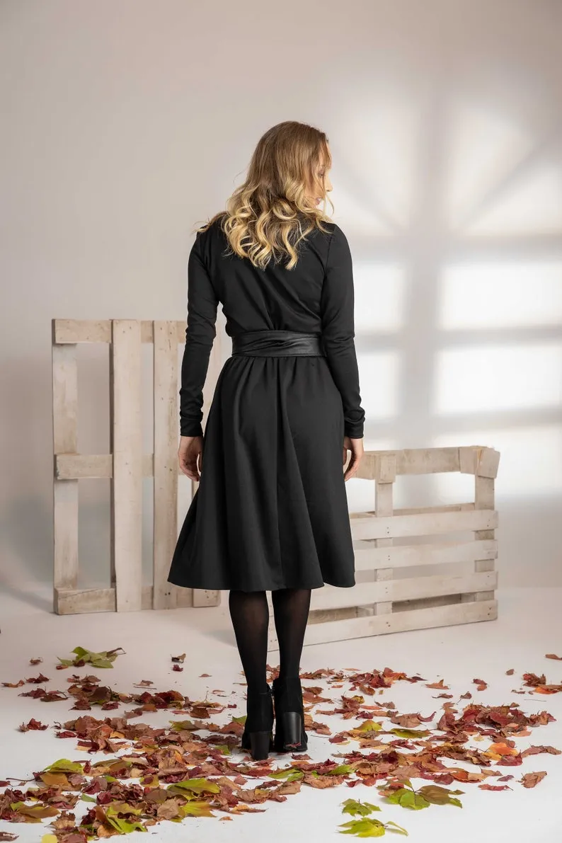 Midi Belted Long Sleeve Dress