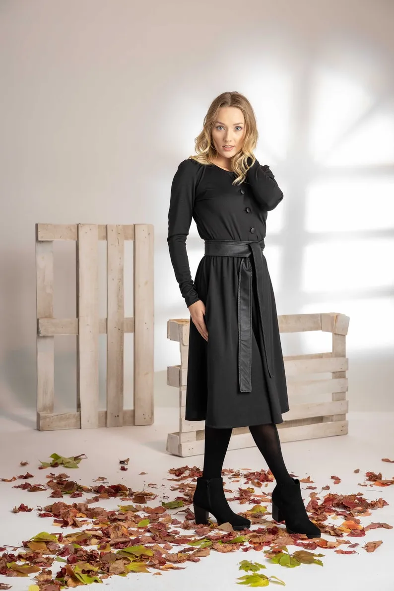 Midi Belted Long Sleeve Dress