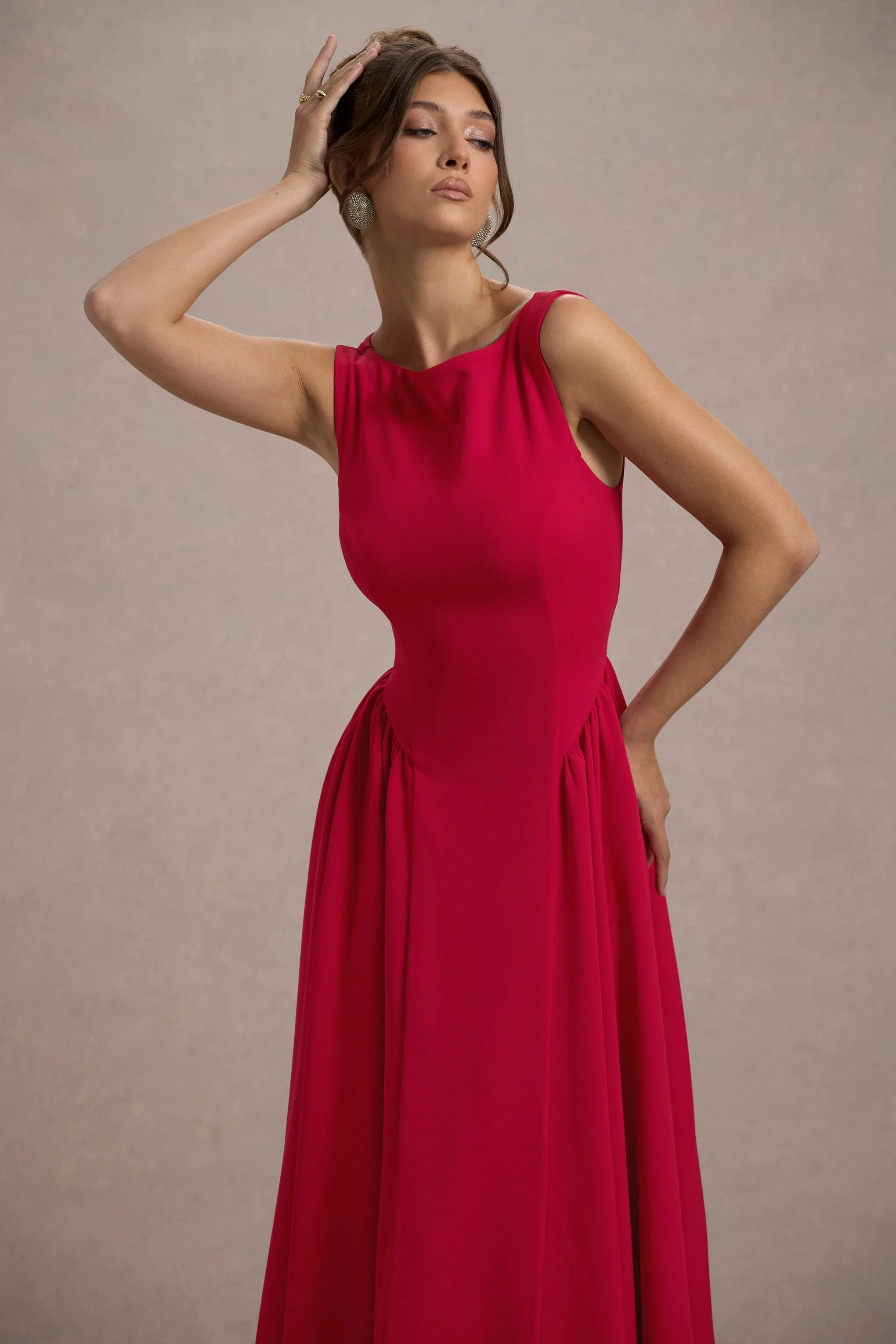 Muriel | Red Boat-Neck Volume-Hem Midi Dress