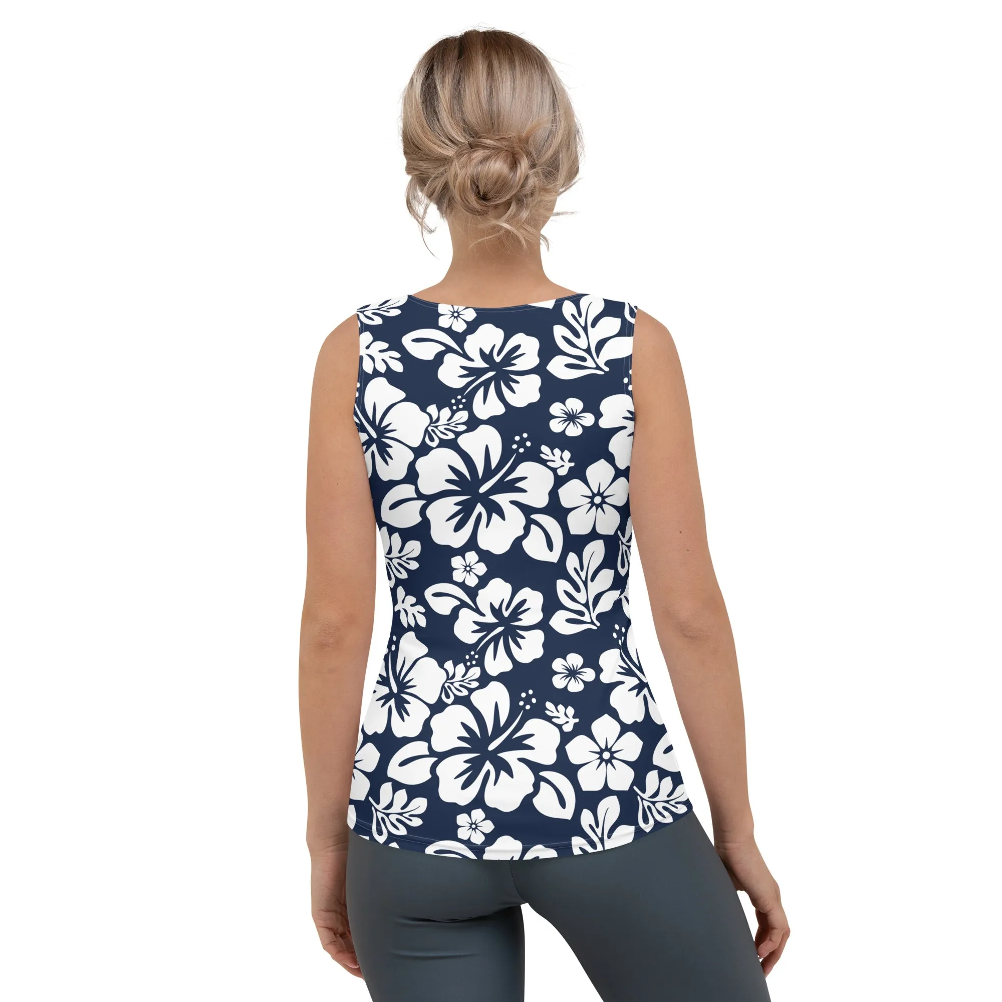 Navy Blue and White Hawaiian Flowers Women's Athletic Swim Tank Top