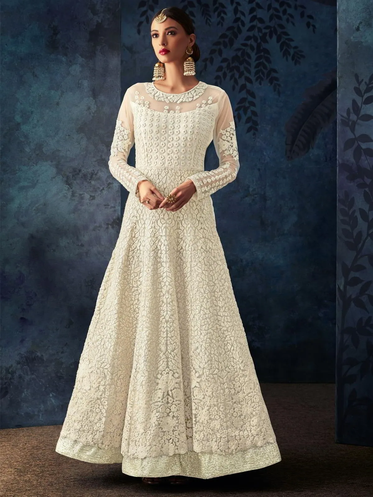 Off White Overall Embroidered Net Anarkali Suit