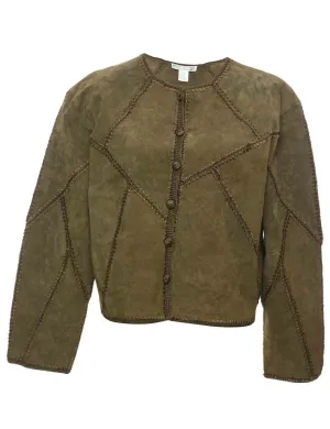 Olive Green Crochet & Suede Cropped Jacket - L