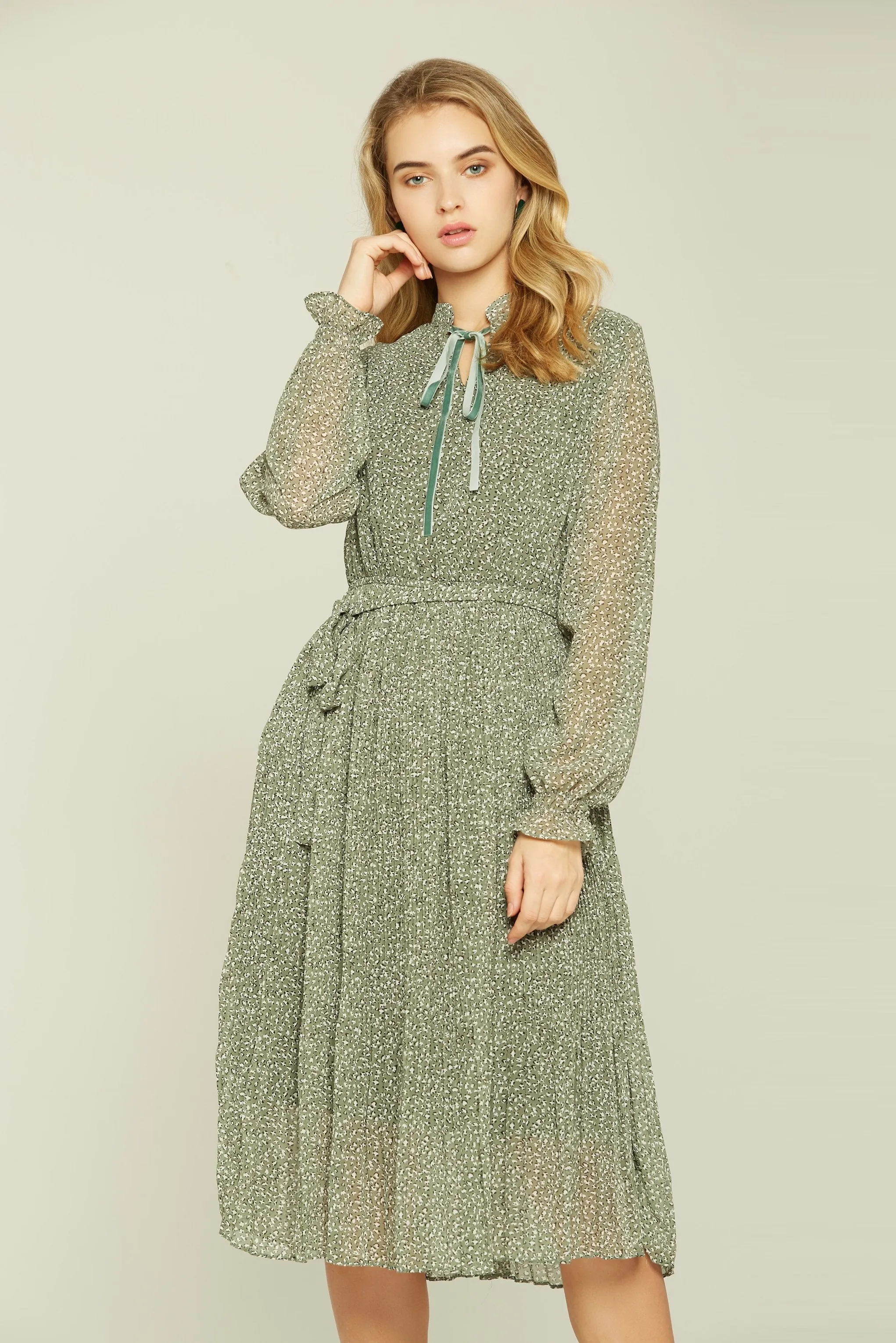 Olive Green Spotted Full Sleeves Midi Dress