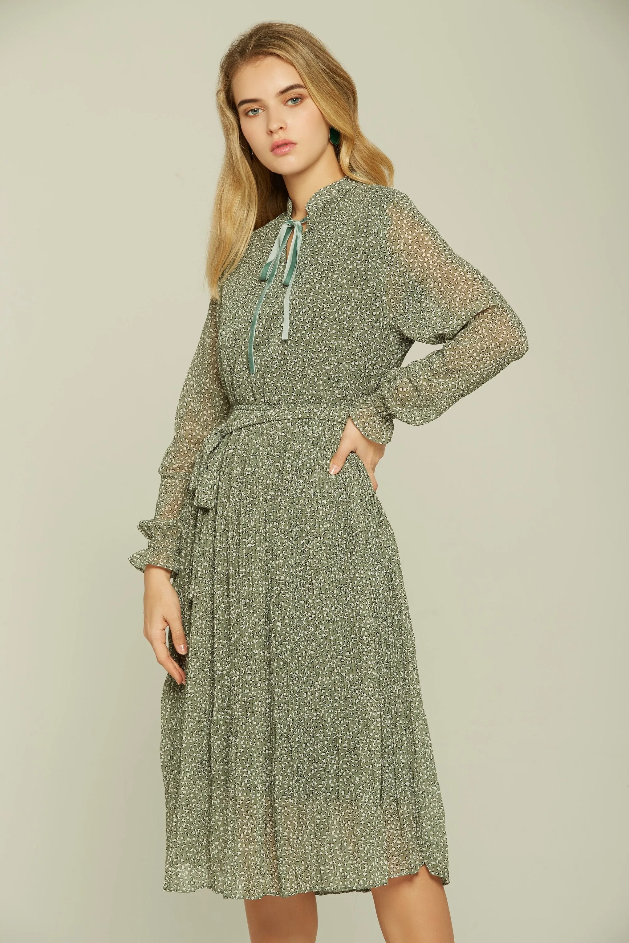 Olive Green Spotted Full Sleeves Midi Dress