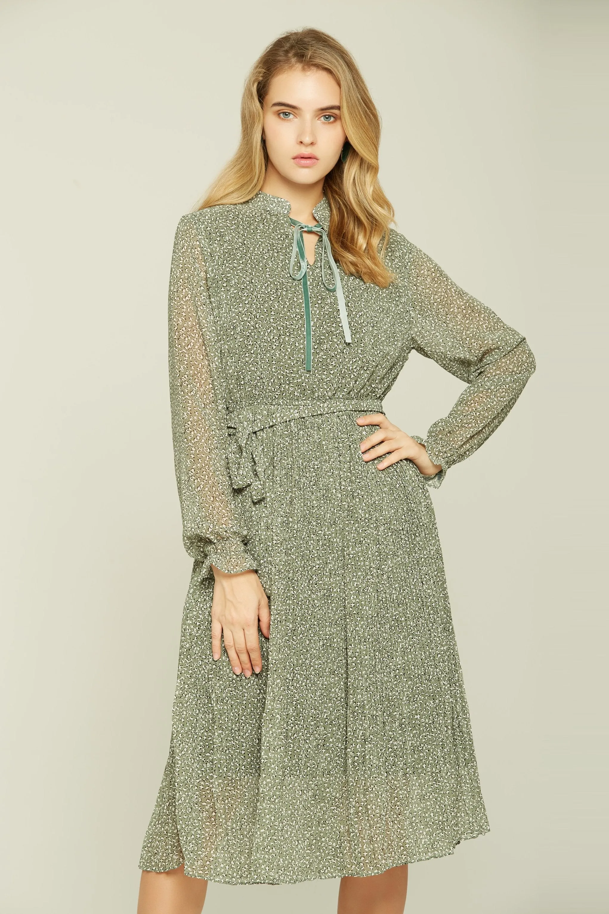 Olive Green Spotted Full Sleeves Midi Dress