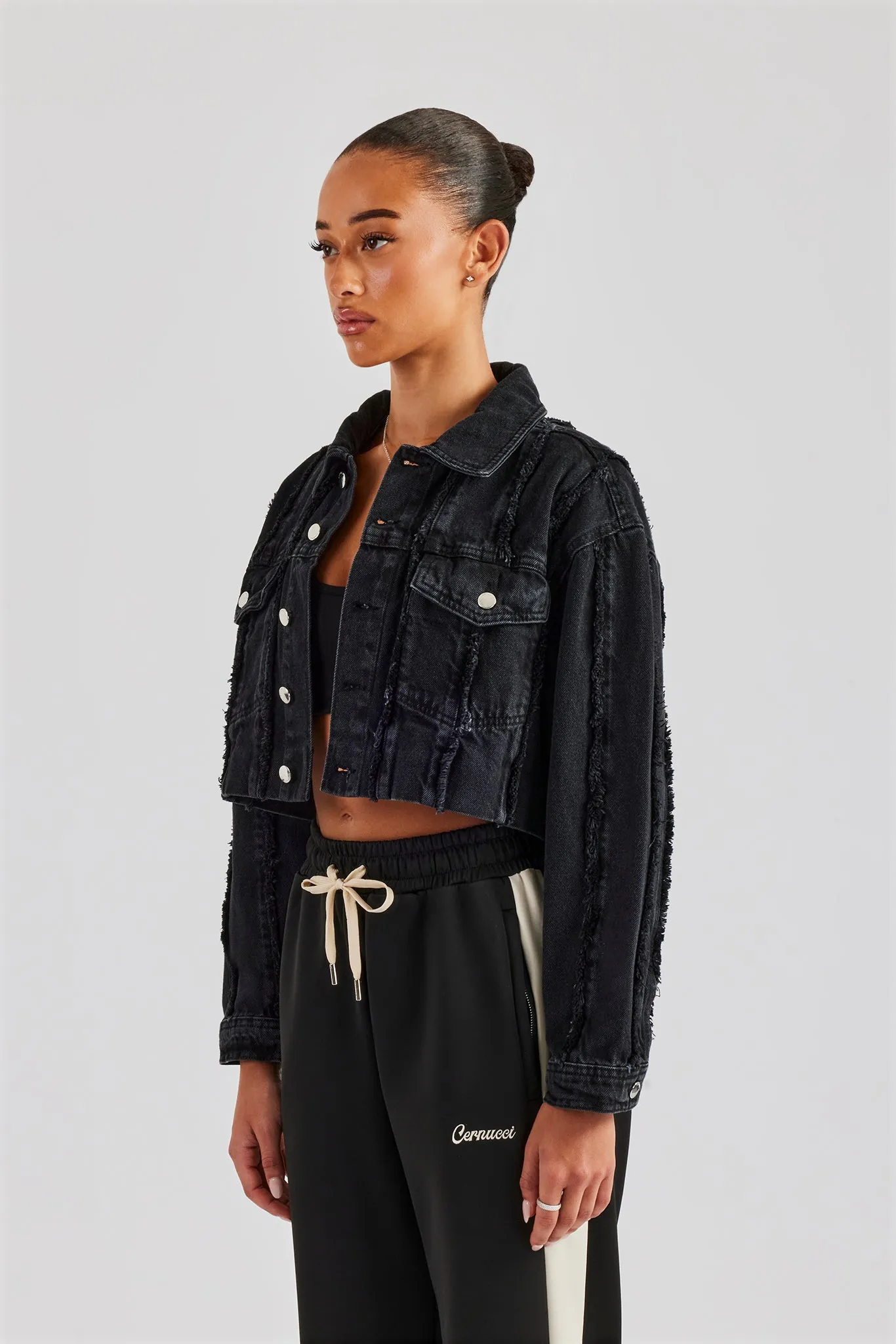 Oversized Raw Edge Cropped Denim Jacket - Washed Black