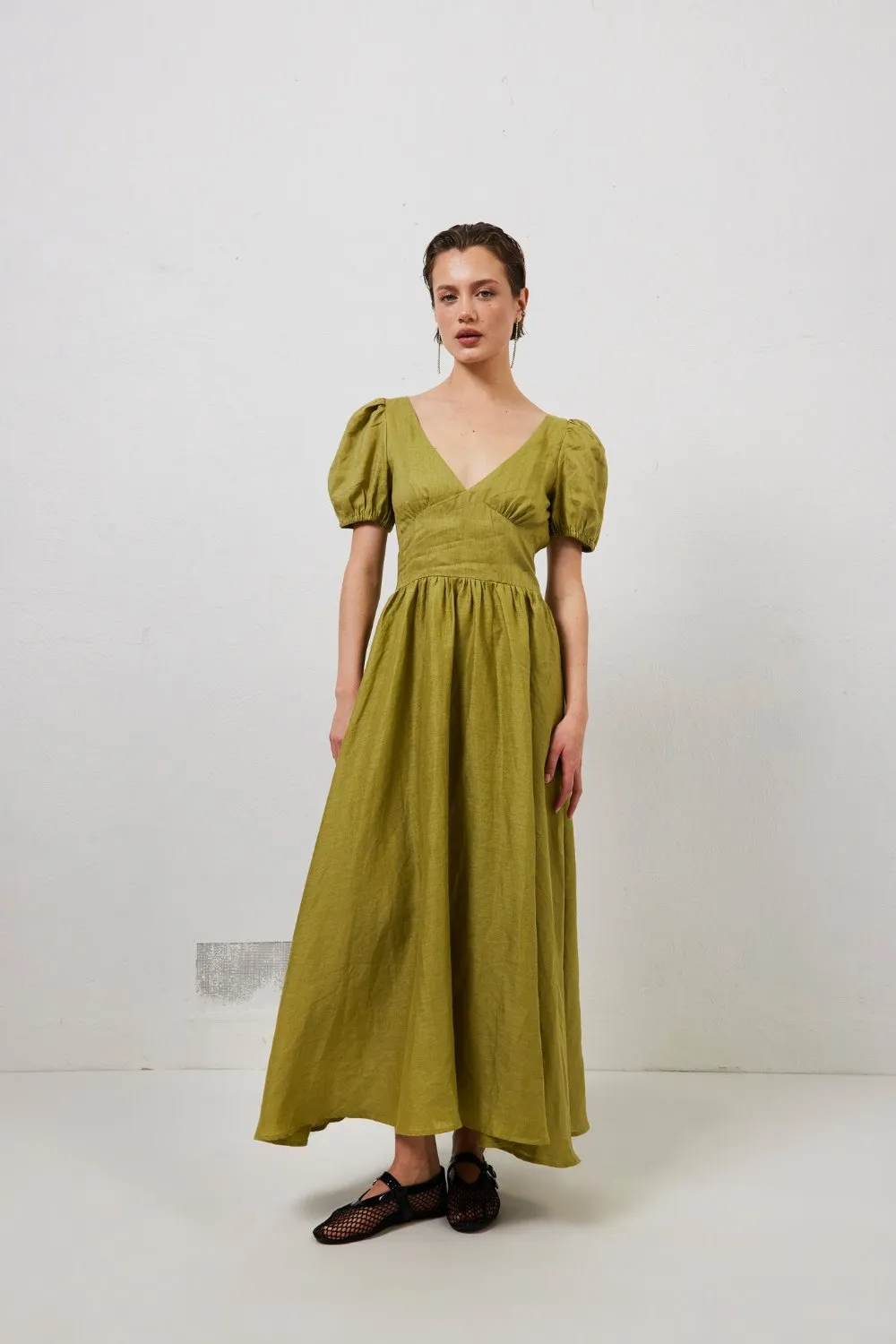 Paradiso Linen Midi Dress Olive