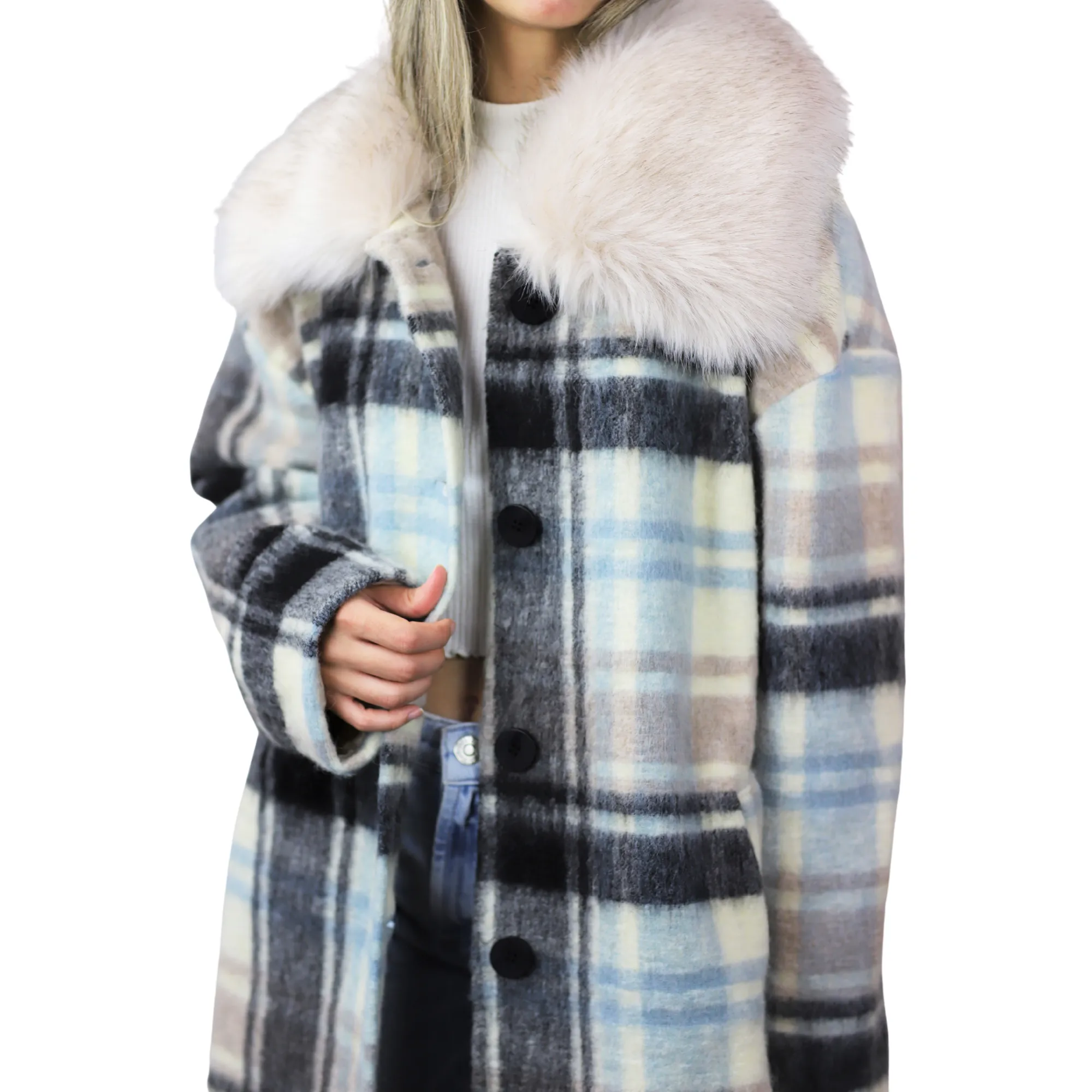 Plaid Mid length Coat with Trim - White