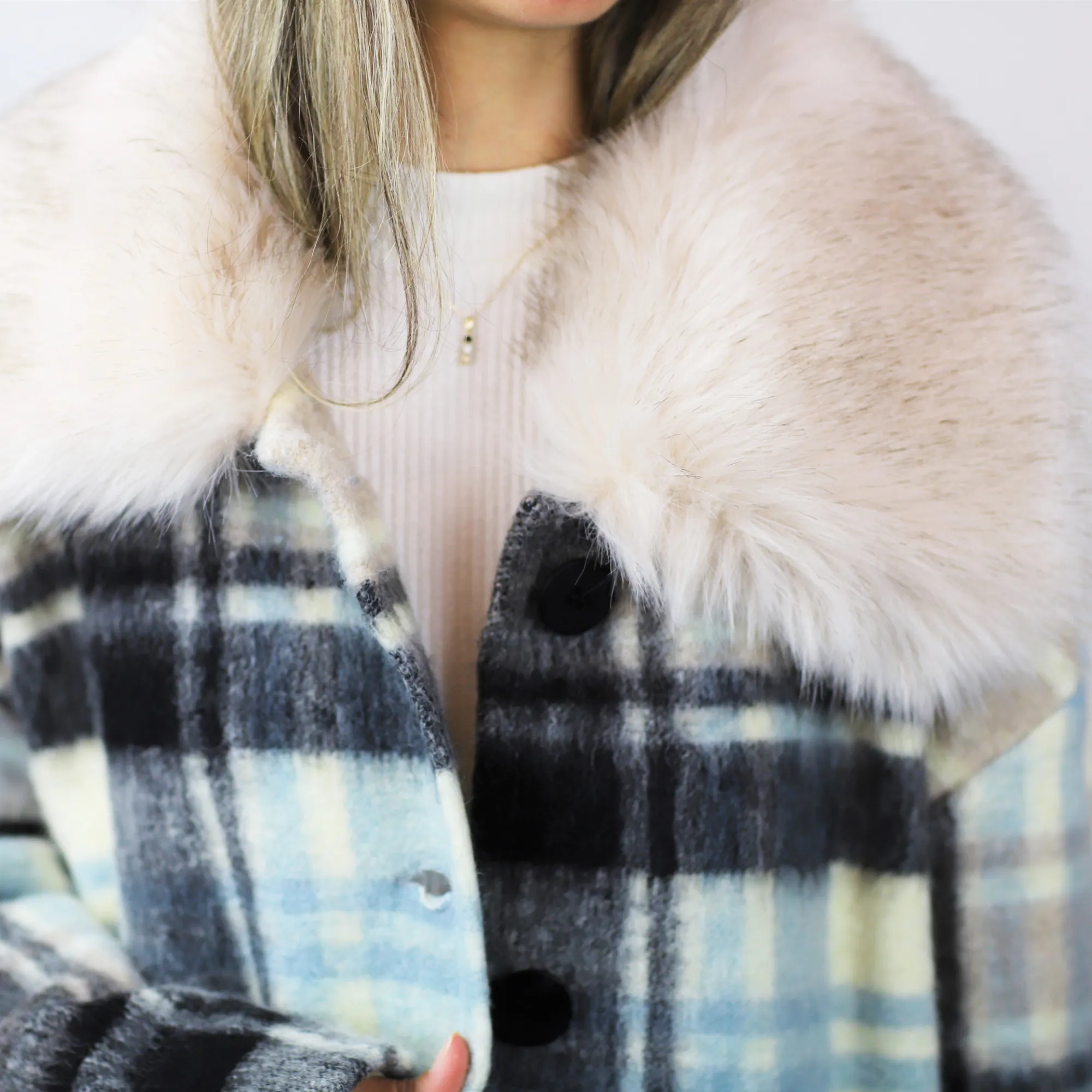 Plaid Mid length Coat with Trim - White