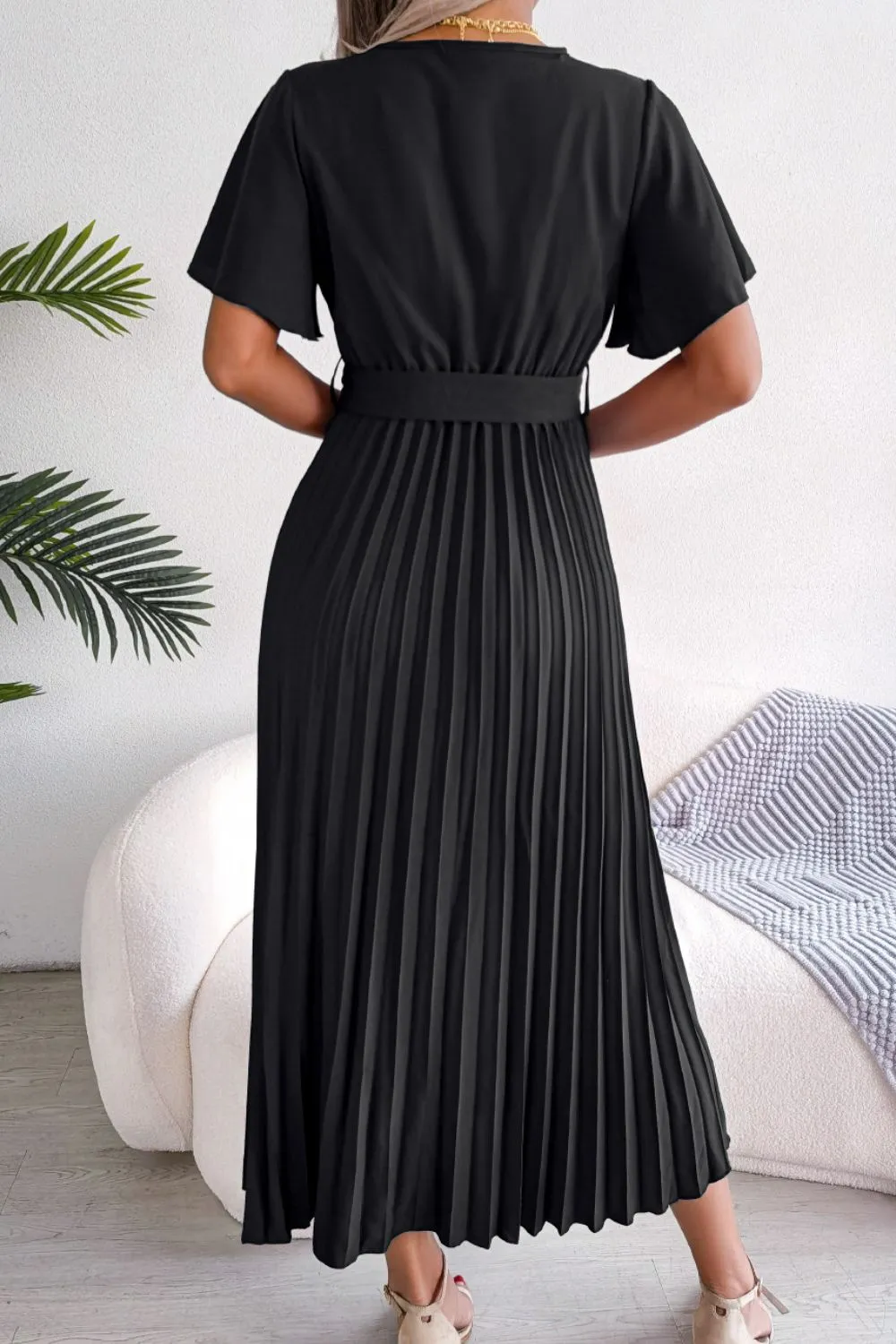 Pleated Flutter Sleeve Belted Dress