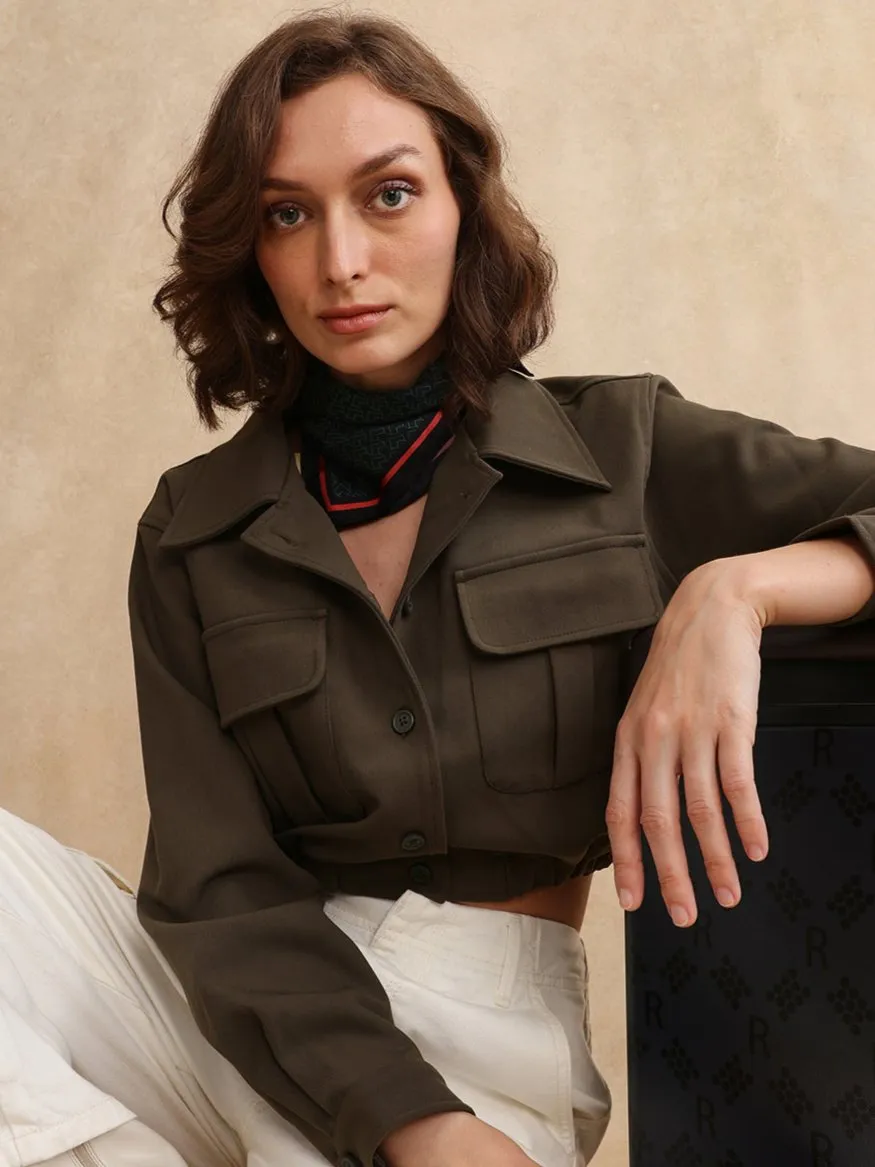 Rareism Women Hobart Olive Cuffed Sleeve Collared Neck Button Closure Cropped Plain Jacket