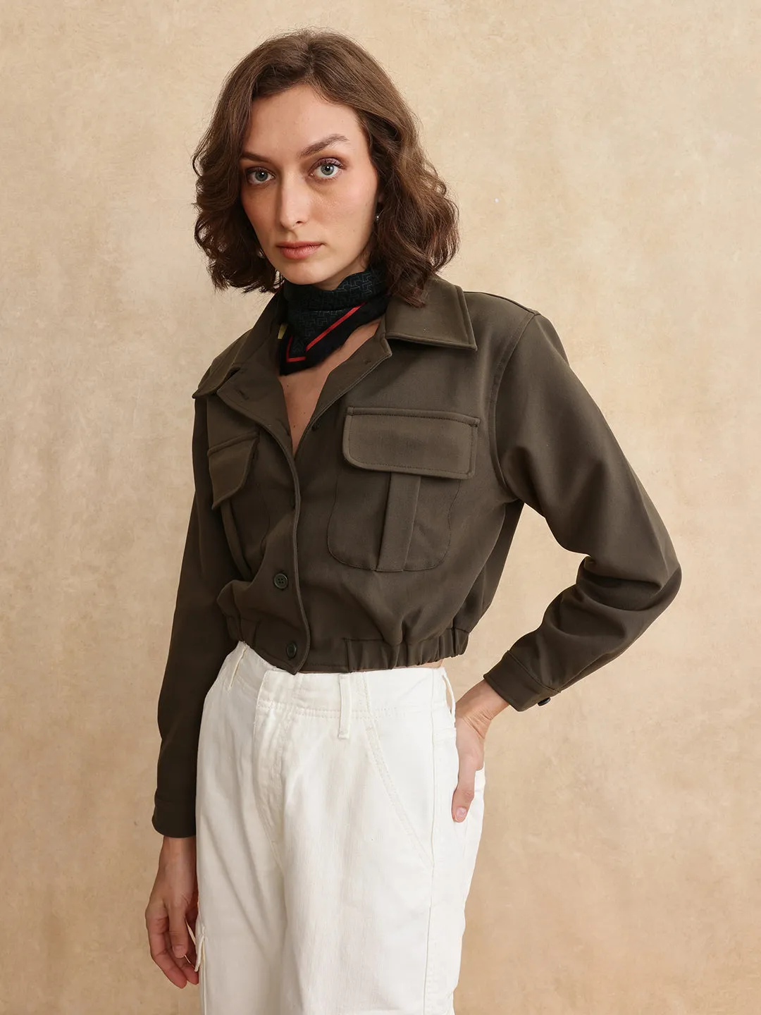 Rareism Women Hobart Olive Cuffed Sleeve Collared Neck Button Closure Cropped Plain Jacket