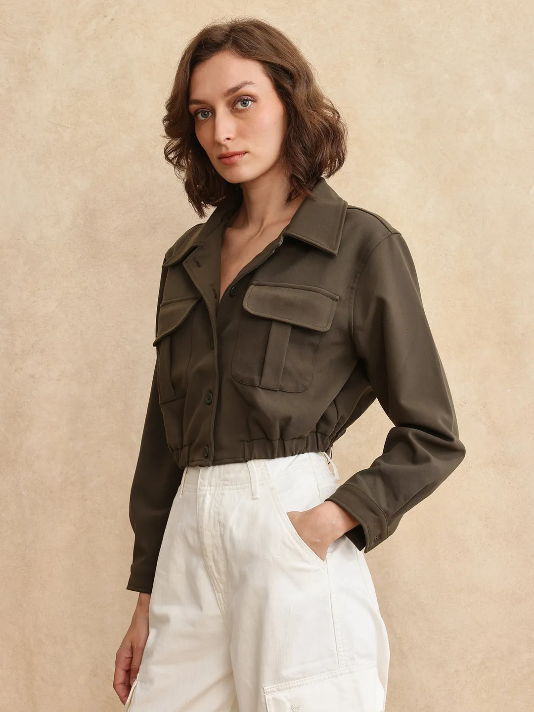 Rareism Women Hobart Olive Cuffed Sleeve Collared Neck Button Closure Cropped Plain Jacket