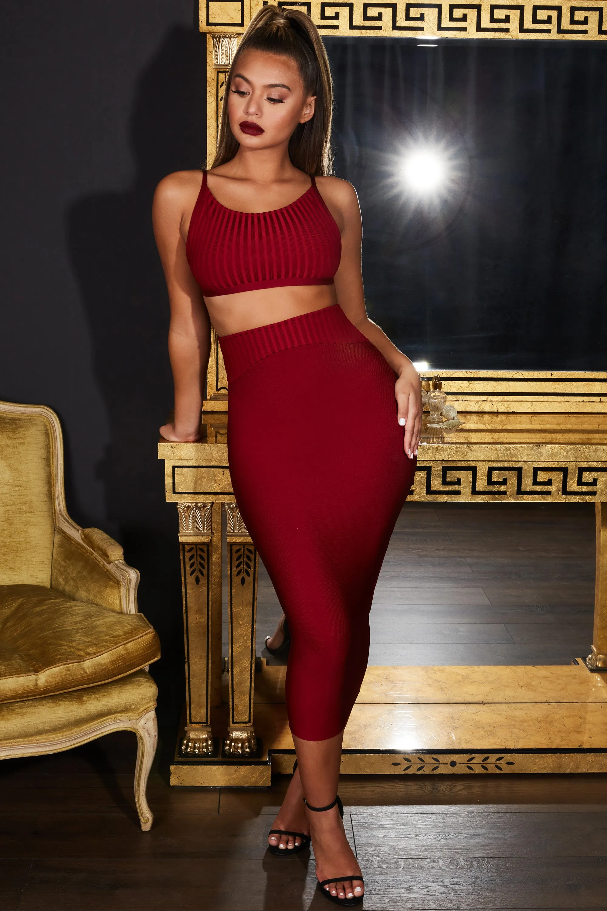 Real Hustle High Waisted Bandage Midi Skirt in Berry