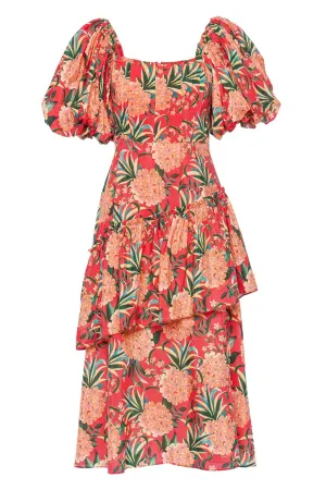 Red Pineapple Bloom Puff Sleeve Midi Dress