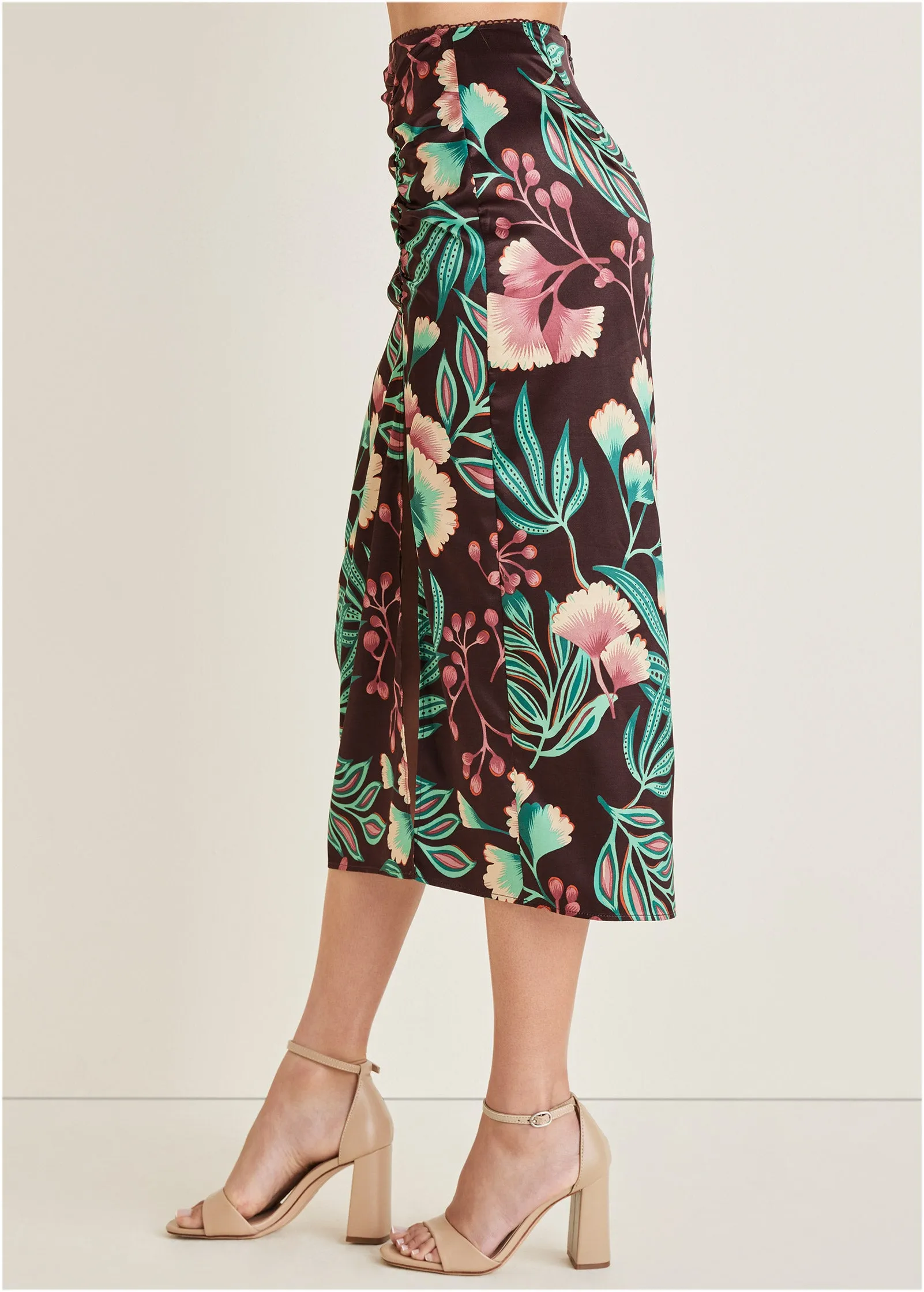 Ruched Detail Midi Skirt - Lake Botanical