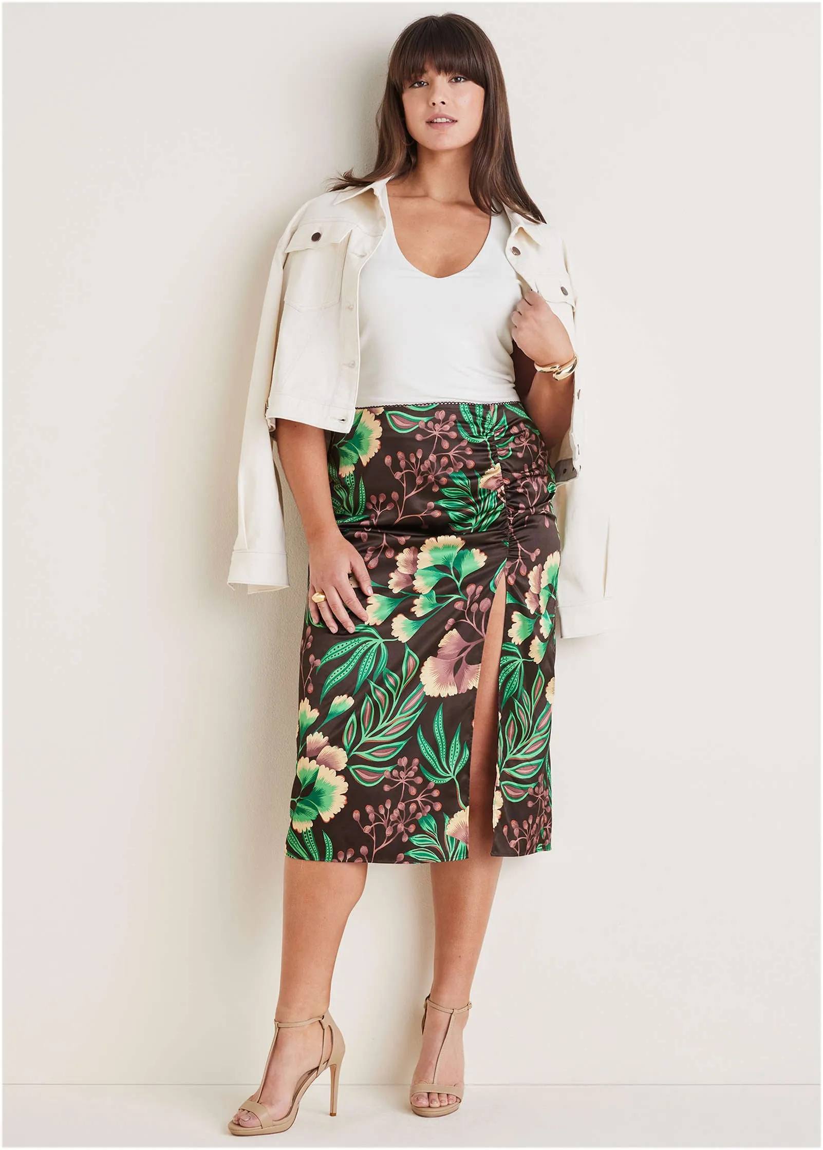 Ruched Detail Midi Skirt - Lake Botanical