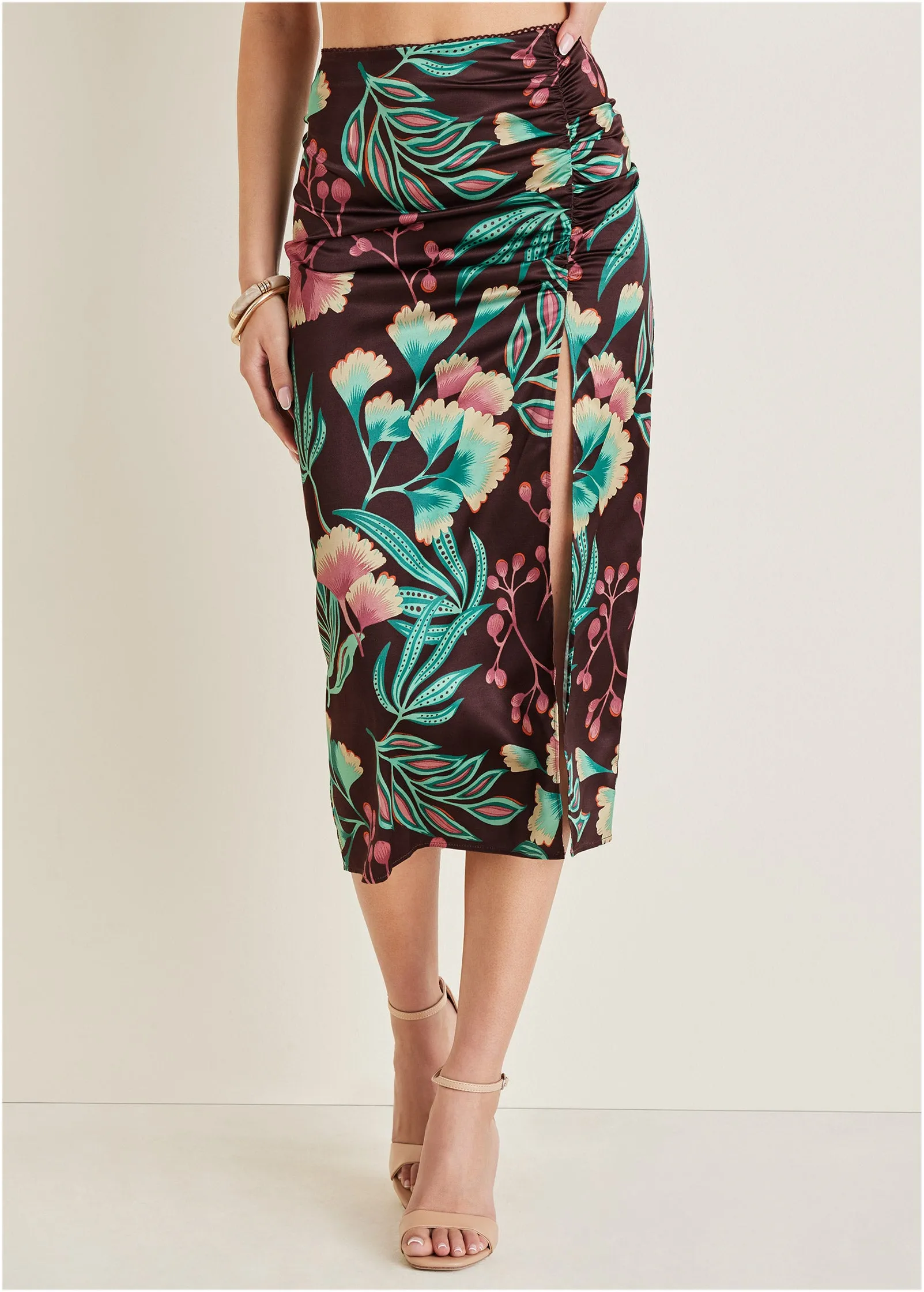 Ruched Detail Midi Skirt - Lake Botanical