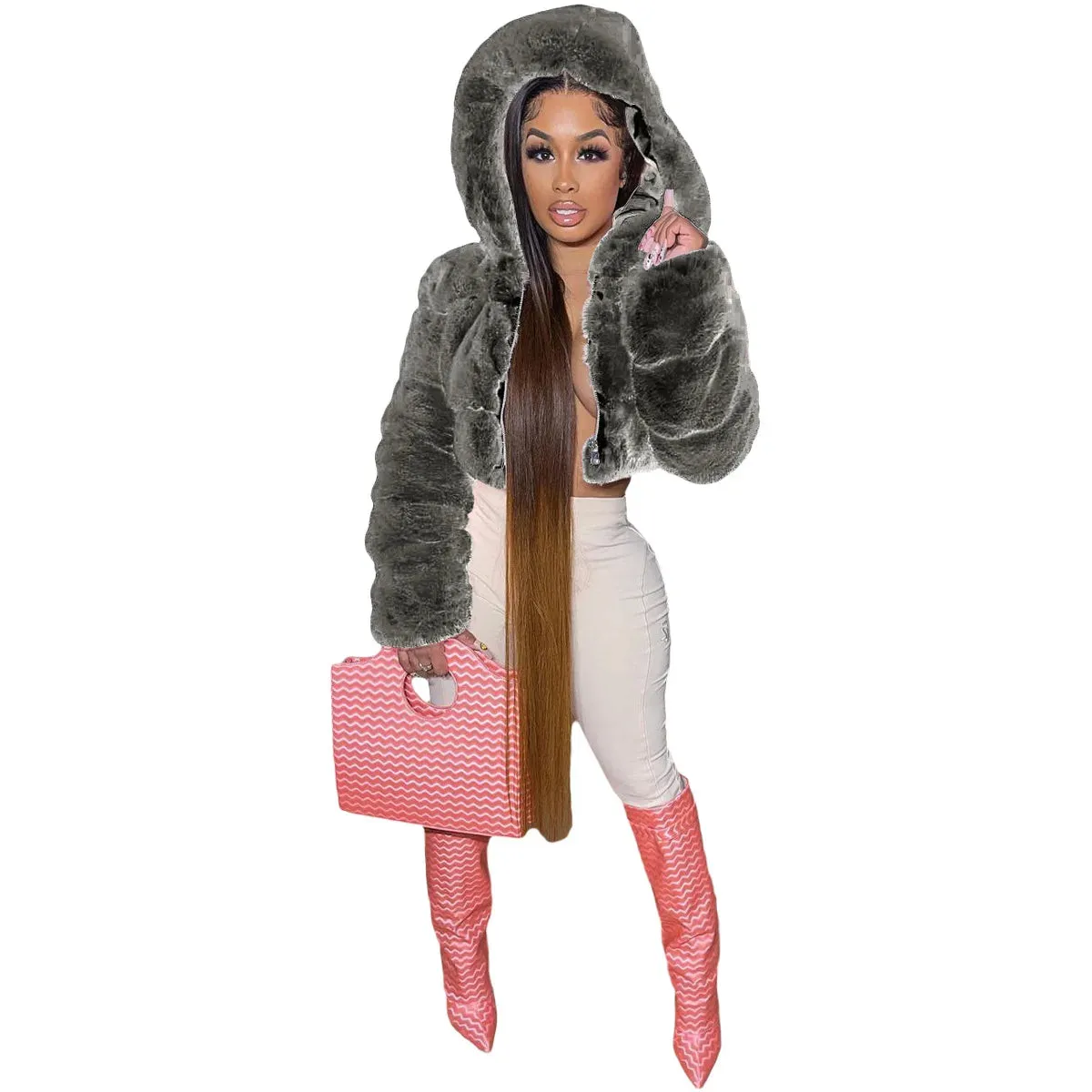 S-2XL Hooded Pink FAUX Fur Coat (Elegant)