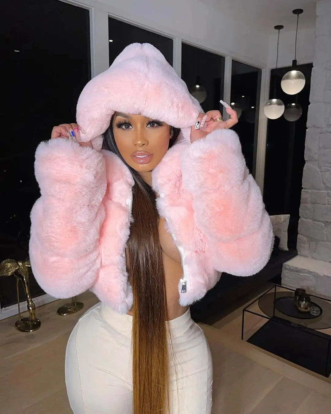 S-2XL Hooded Pink FAUX Fur Coat (Elegant)