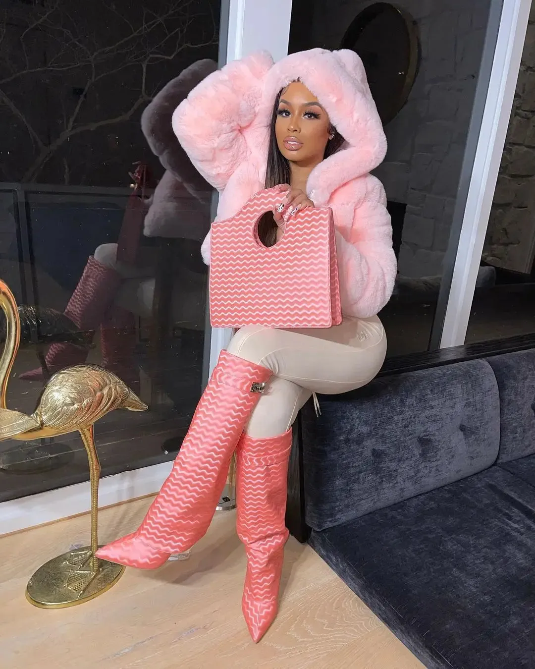 S-2XL Hooded Pink FAUX Fur Coat (Elegant)